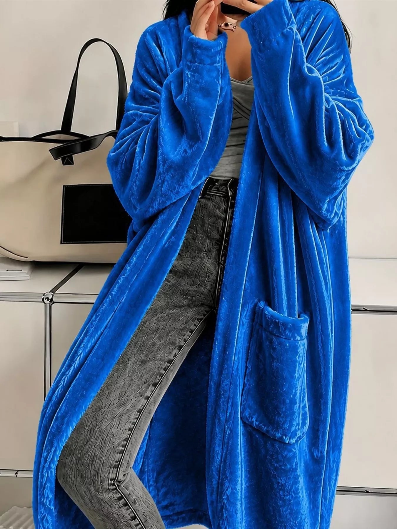 Trendsi Full Size Velvet Open-Front Longline Outerwear Plus Size -