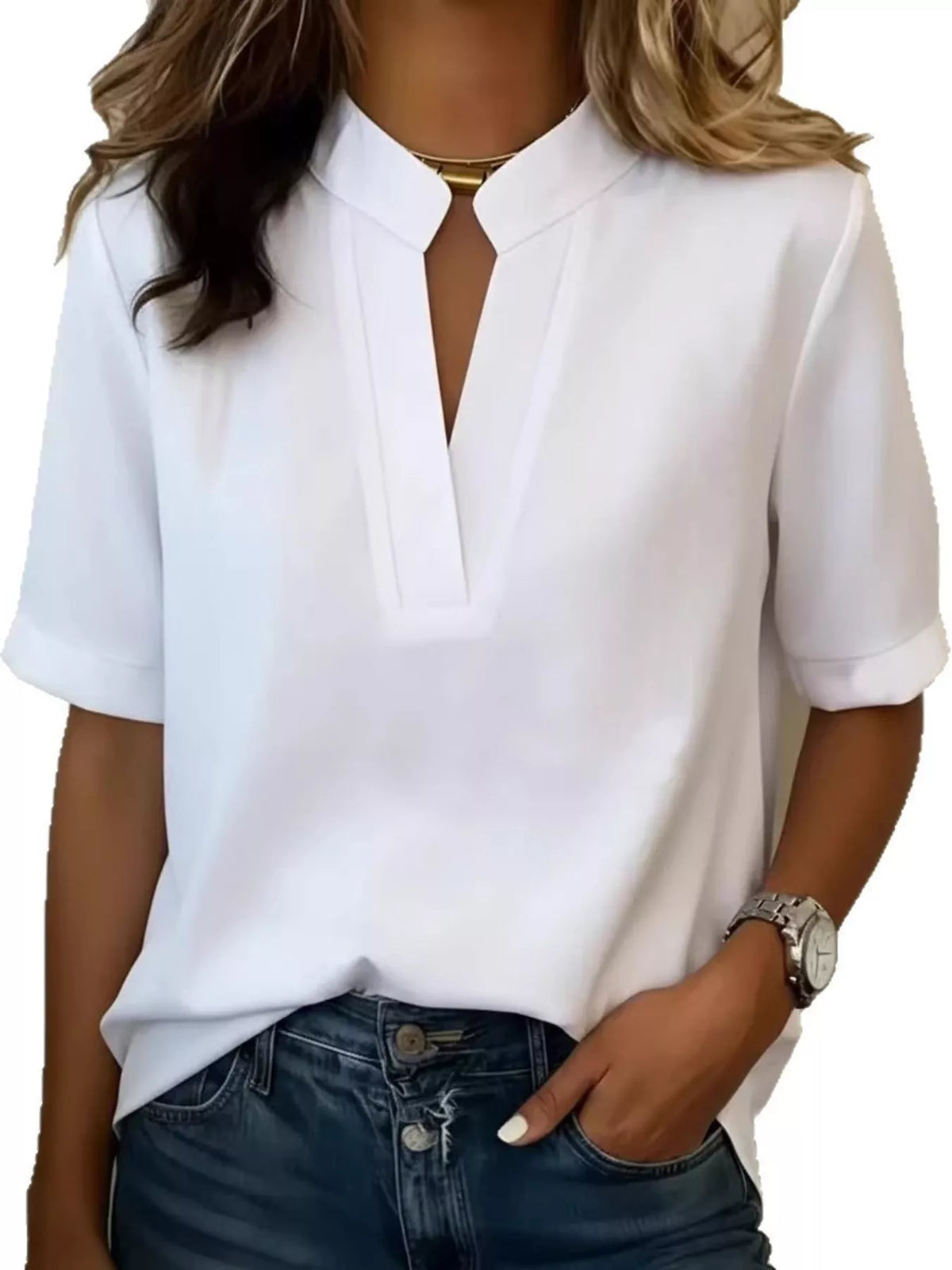 Notched-neck blouse, white front