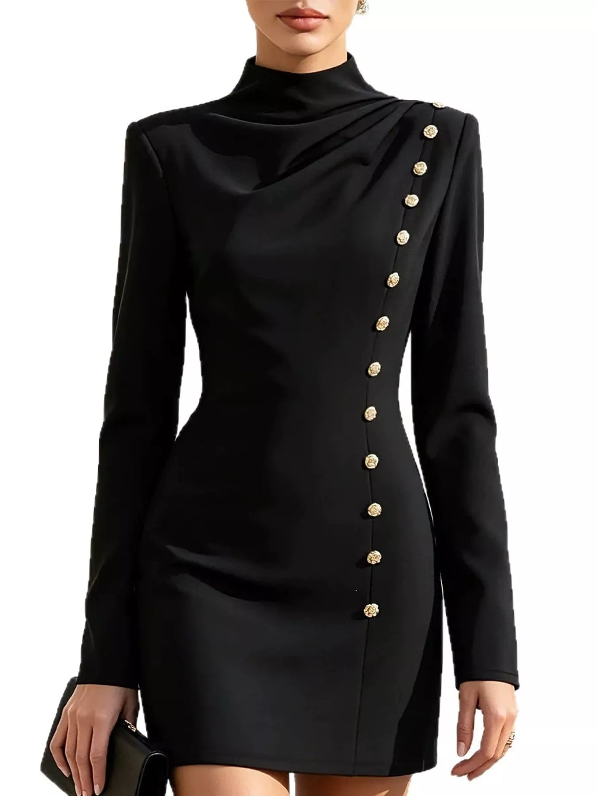 Black decorative button mock neck mini dress