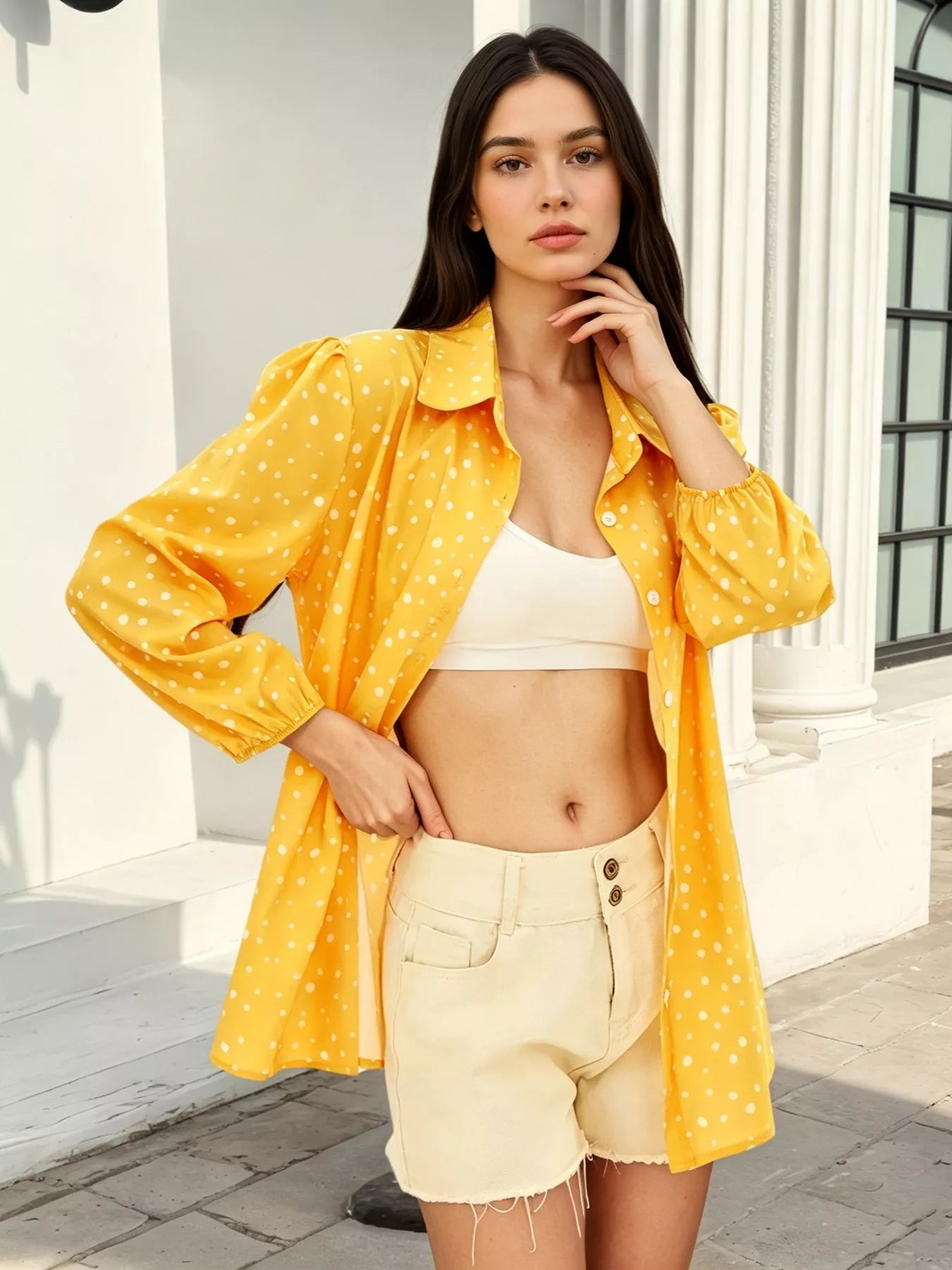 Trendsi Polka Dot Puff Sleeve Shirt - Shirts