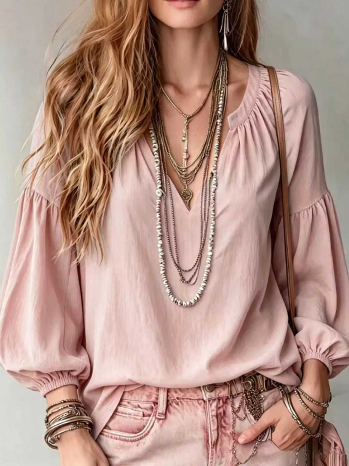 Notched Balloon Sleeve Blouse in pink, front view