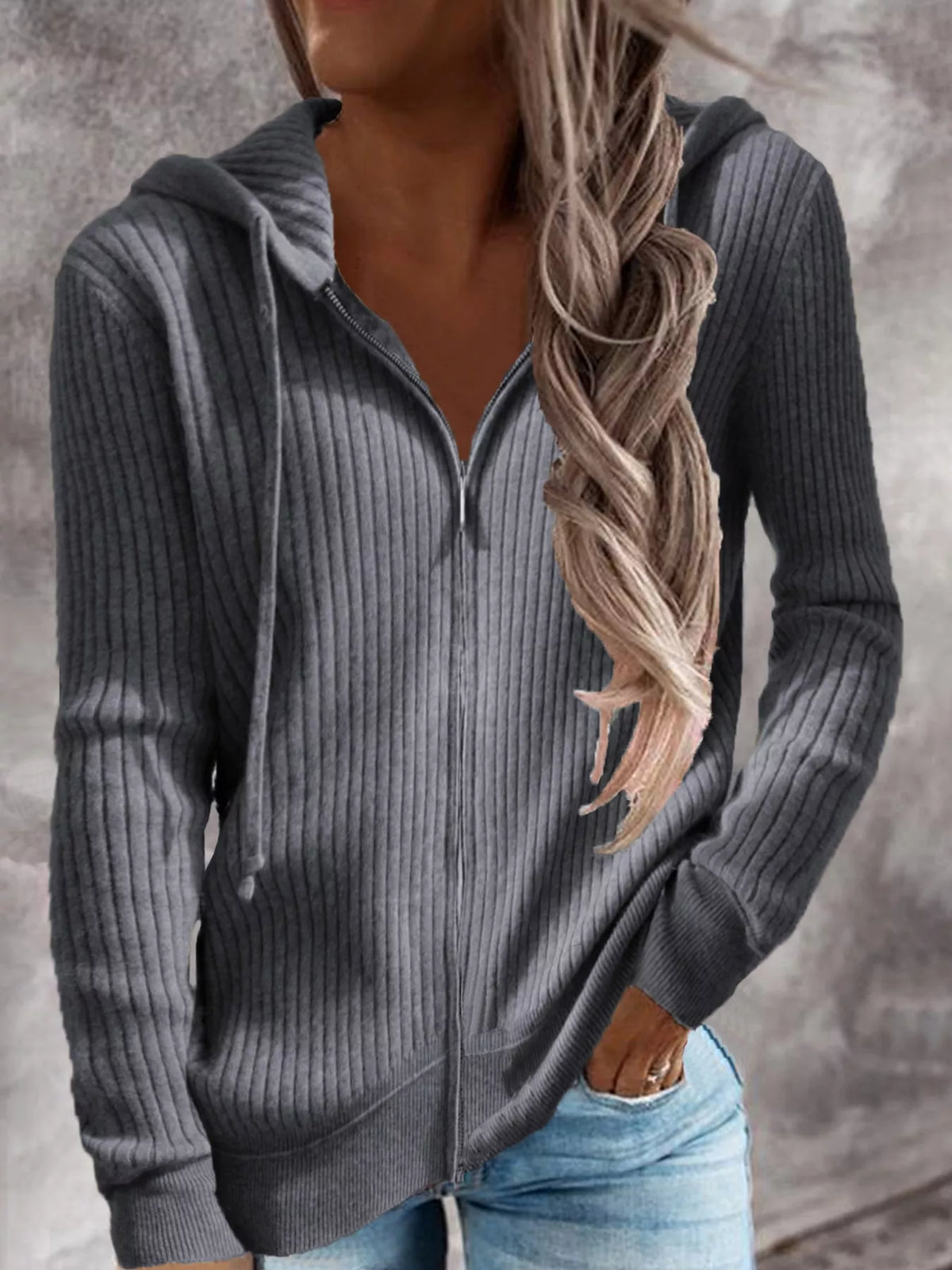 Dark Gray Ribbed Knit Zip-Up Hooded Cardigan, front view