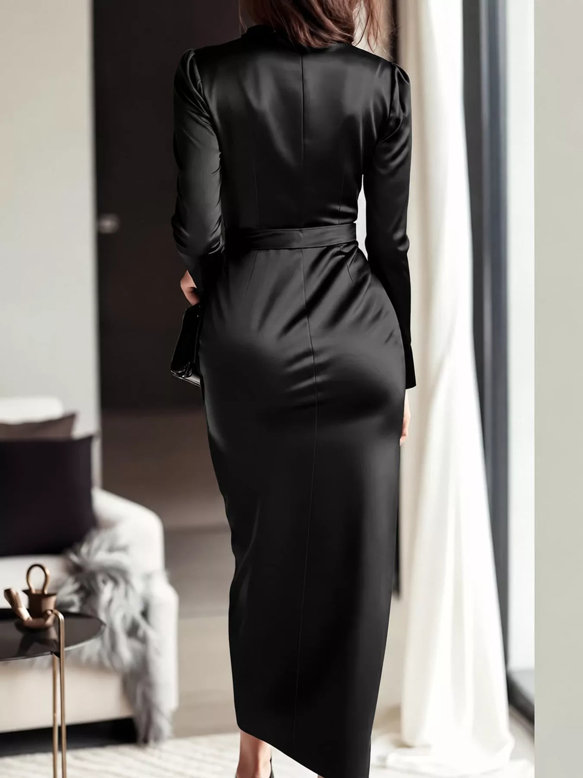 Satin Surplice Long Sleeve Dress — back view