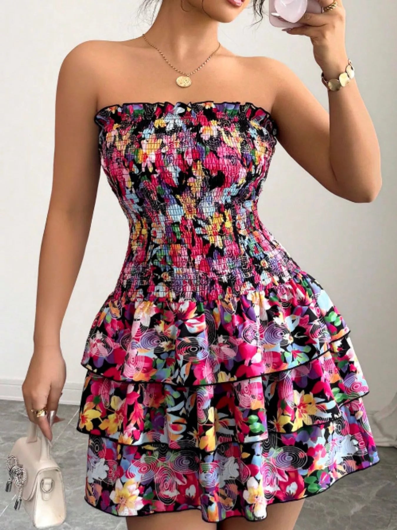 Trendsi Strapless Smocked Floral Tiered Mini Dress -