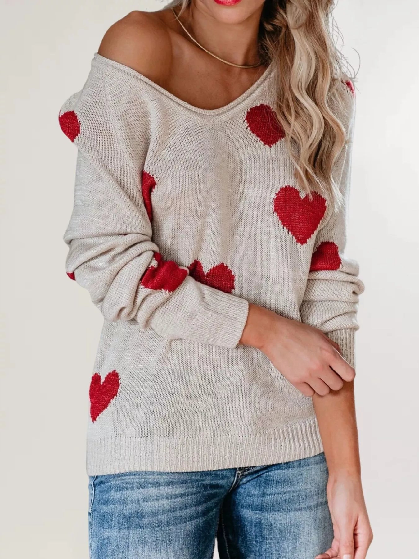 Trendsi Heart Pattern Raglan Sleeve Sweater -