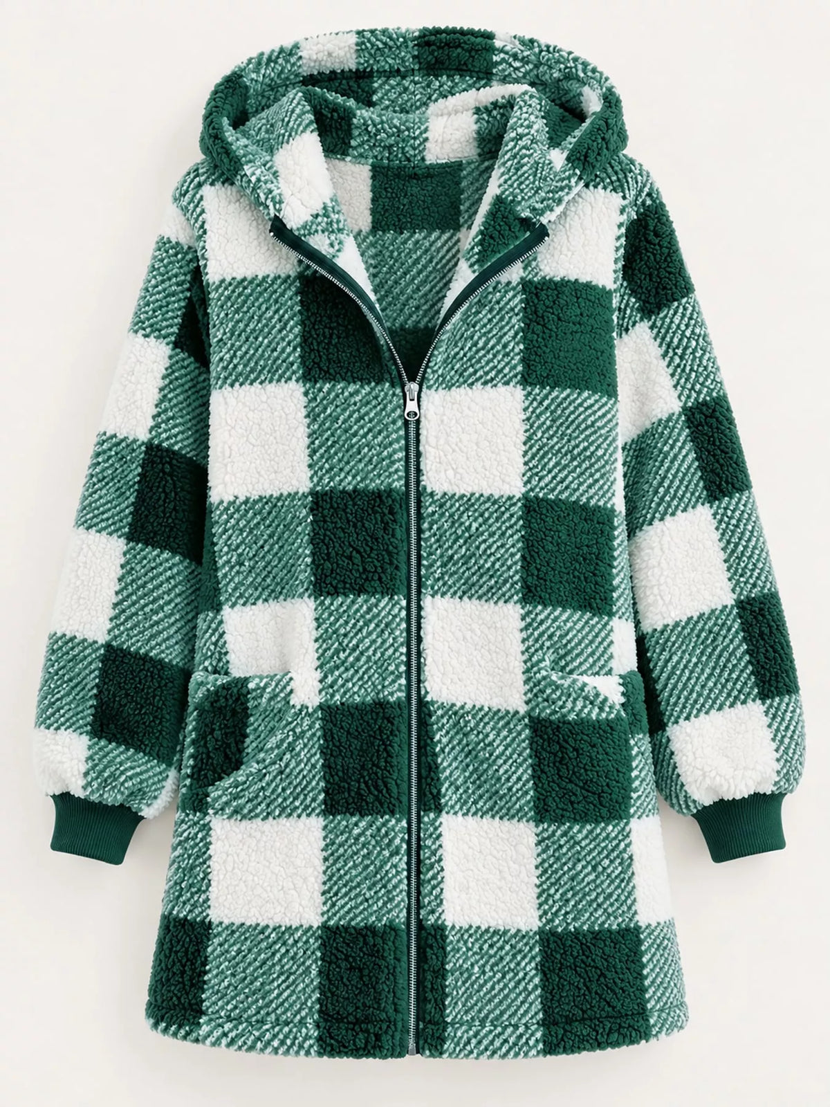 Green and white plaid sherpa hooded zip up jacket, front view