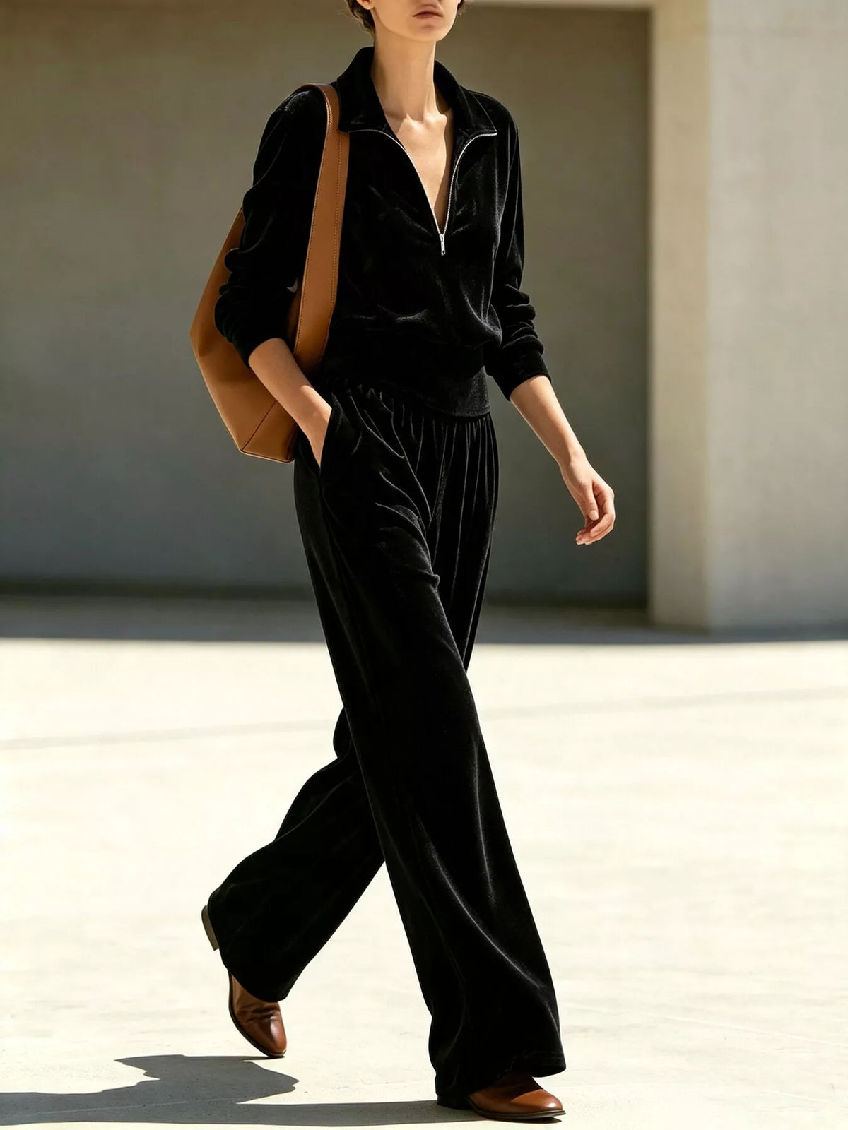Black quarter-zip top and wide-leg pants set