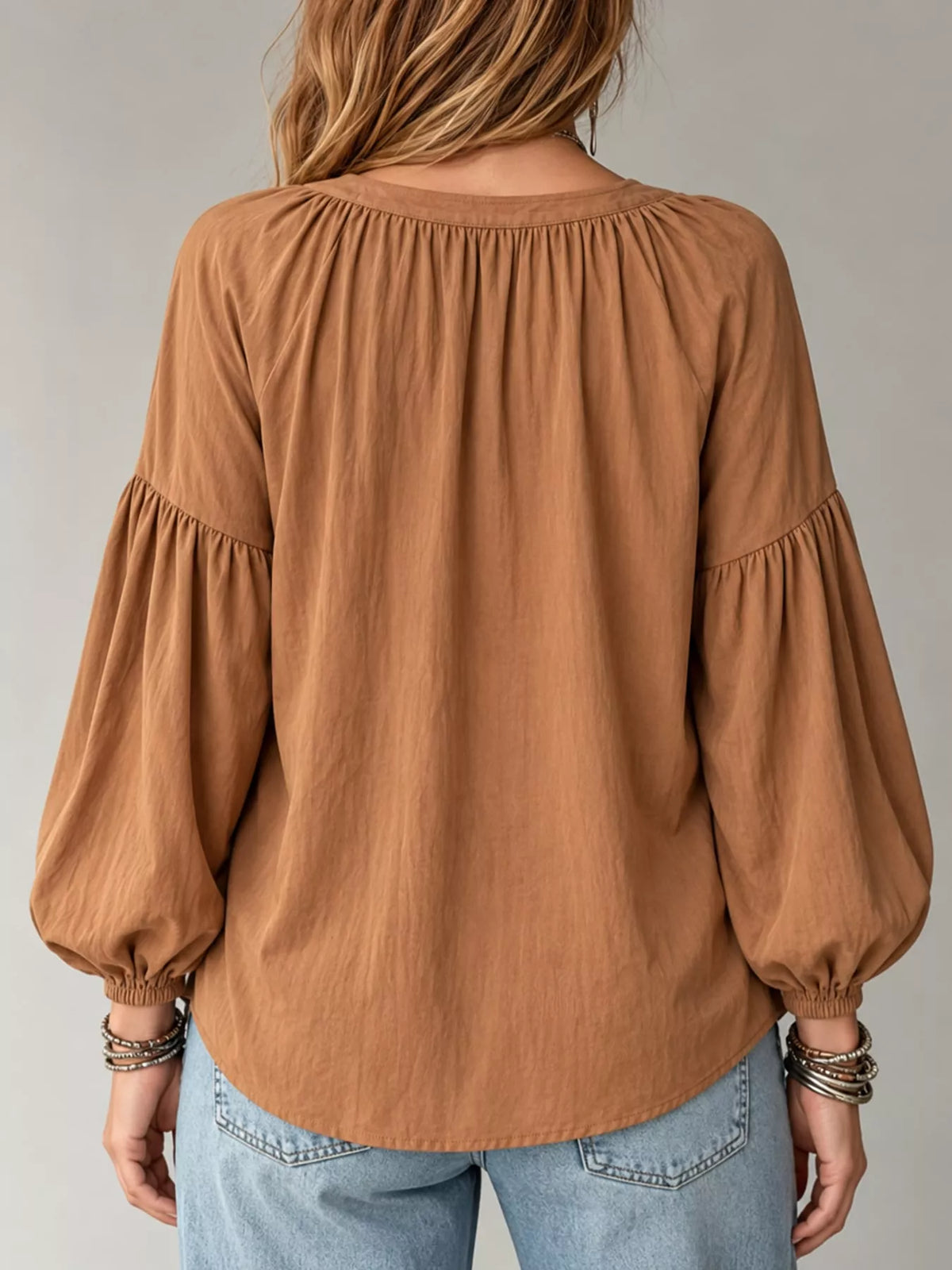 Notched Balloon Sleeve Blouse in brown, back view