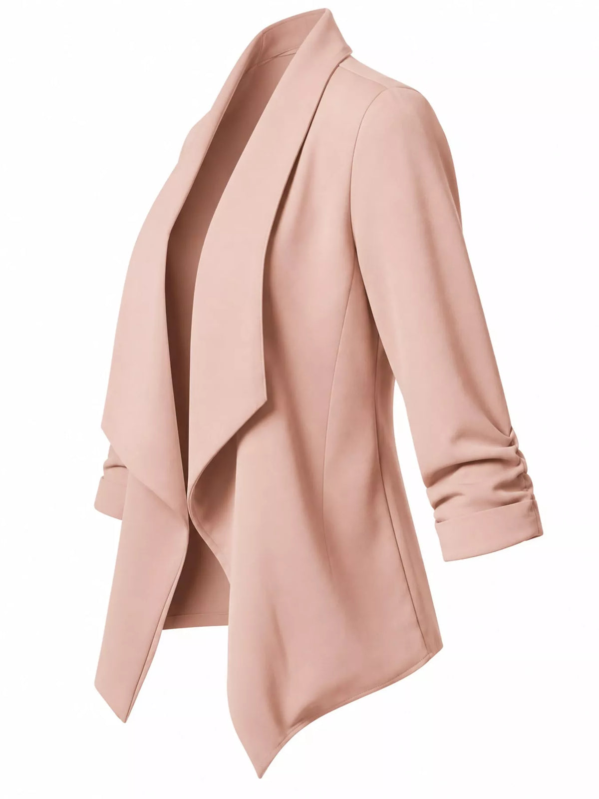 Blush open-front blazer with ruched 3/4 sleeves, side view
