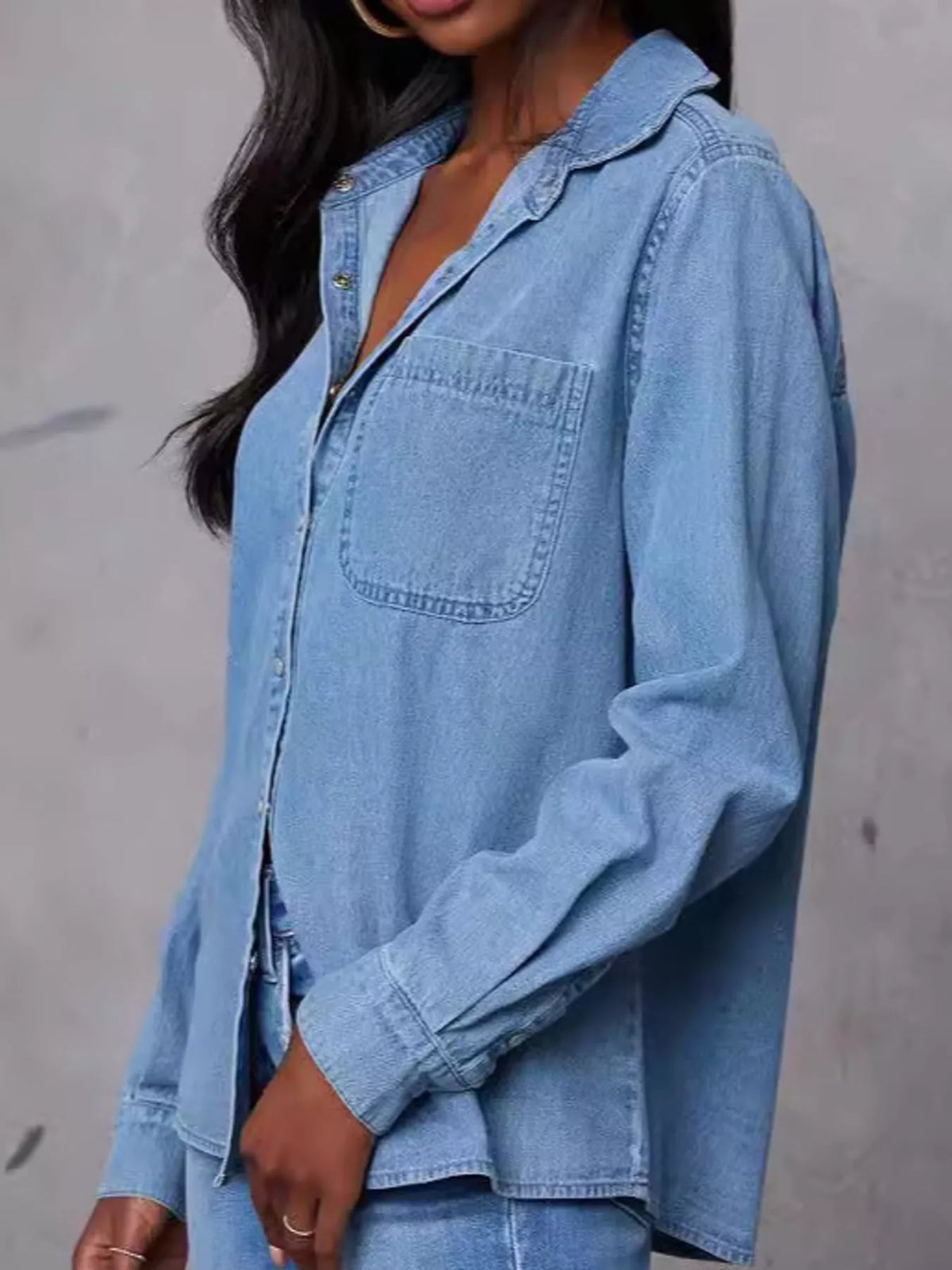 Snap Down Denim Shirt in denim blue, side view
