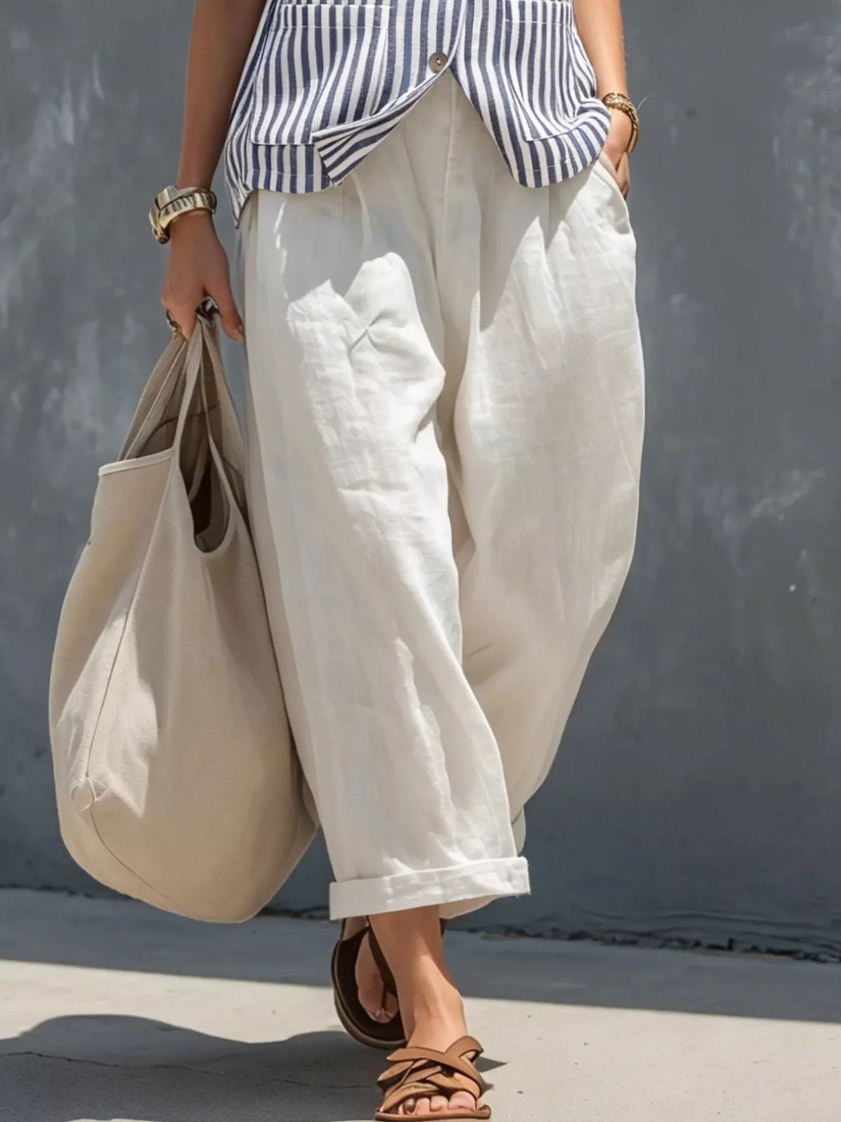 Blue-and-white striped vest with white pants striped button-down vest and pants set, cropped pants with pockets and turned-up cuffs