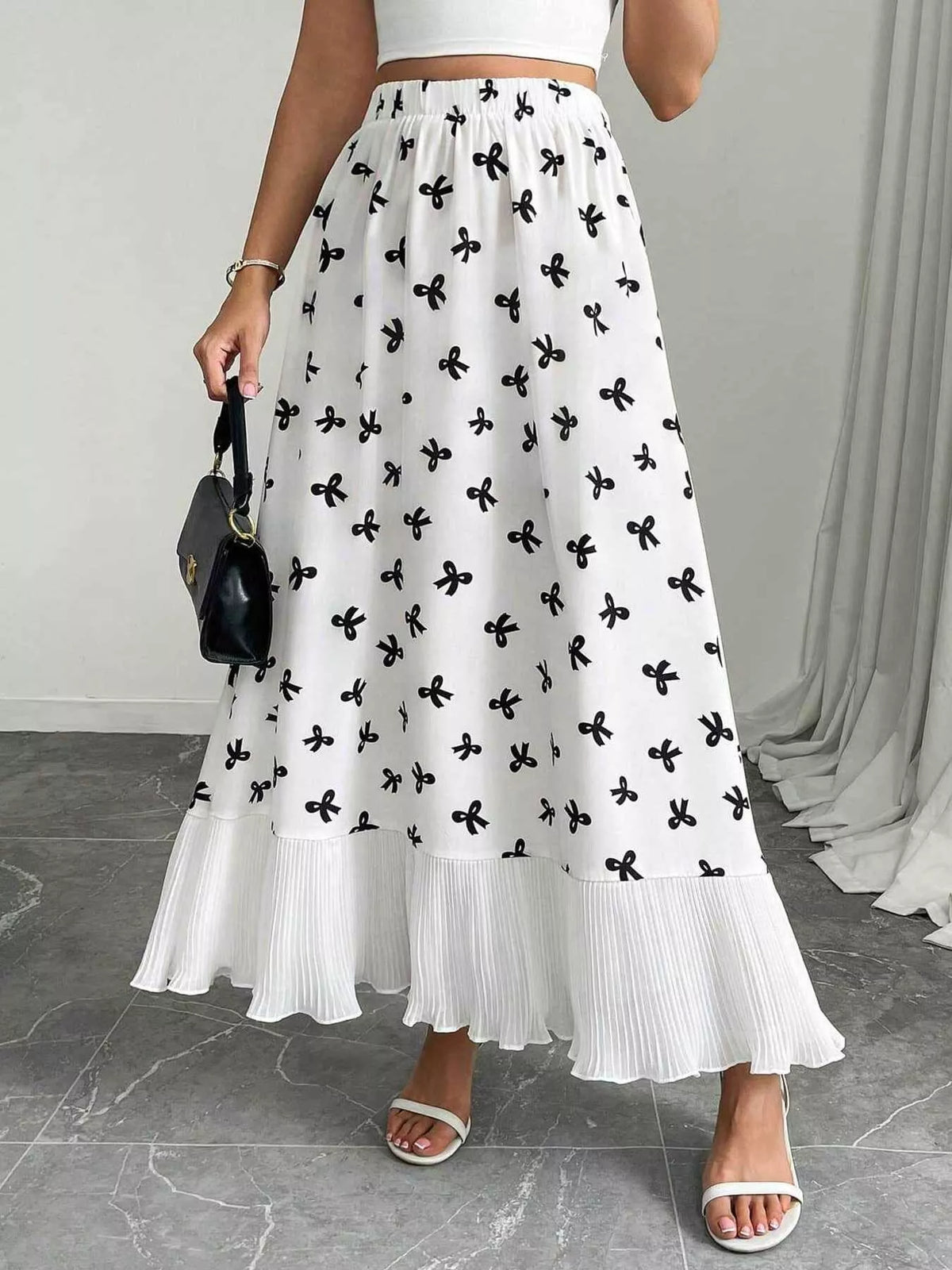 Trendsi Bow Print Ruffle Hem Flowy Maxi Skirt -