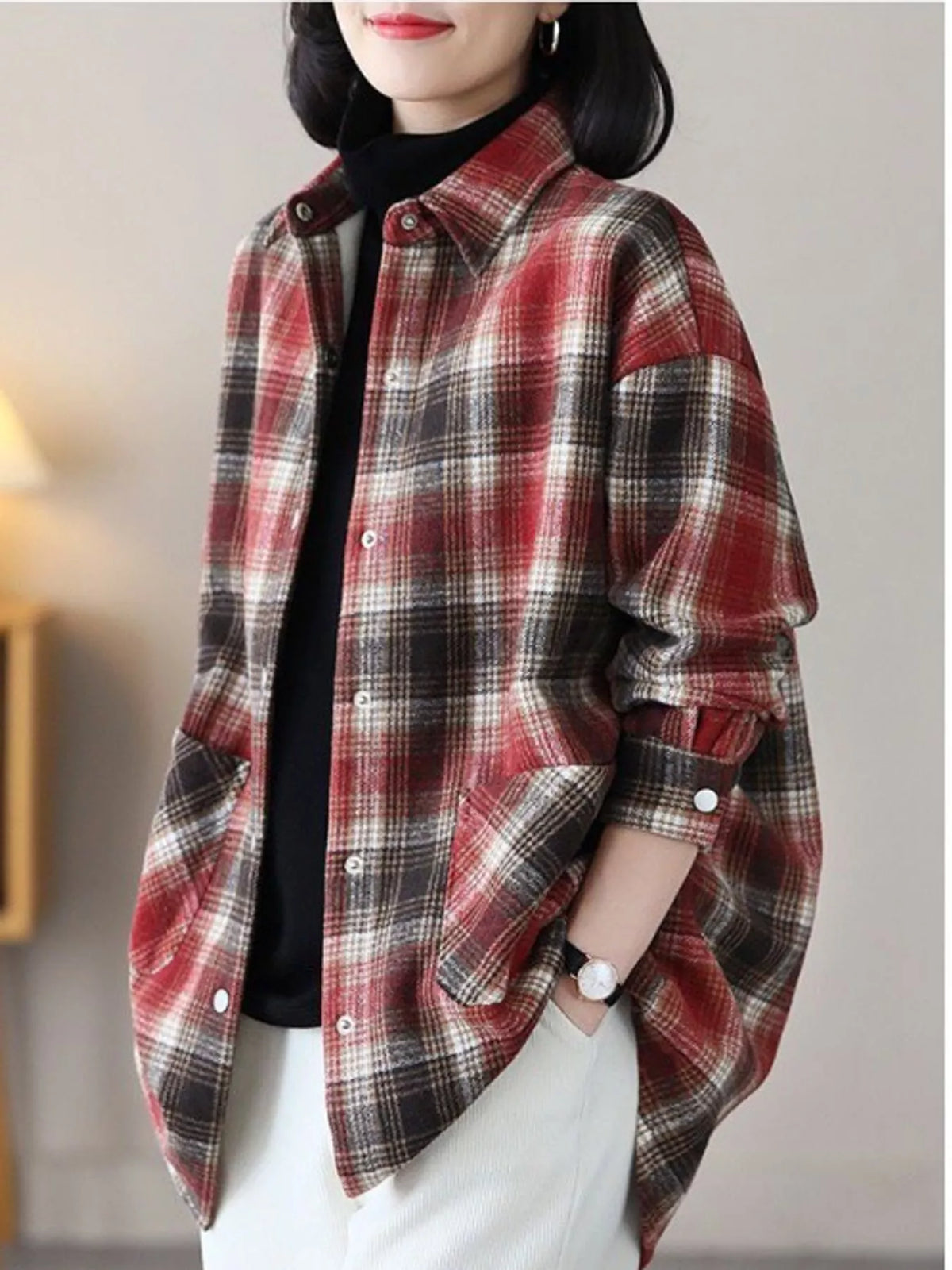 Red oversized plaid fleece-lined brushed shirt