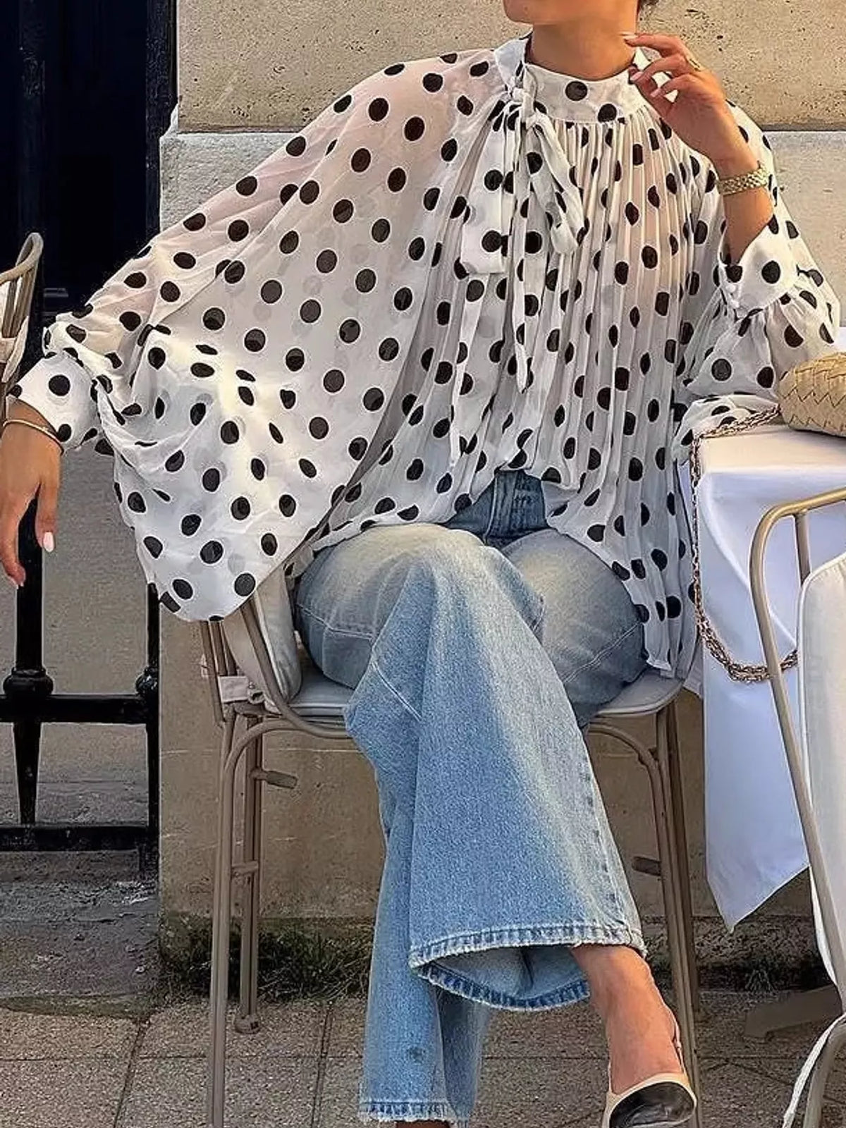White polka dot long sleeve blouse