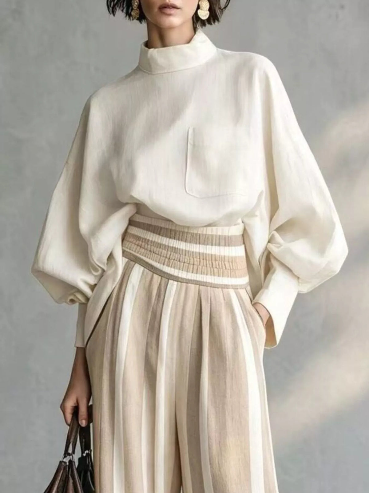 Beige mock-neck blouse and striped wide-leg trouser set — design and construction details
