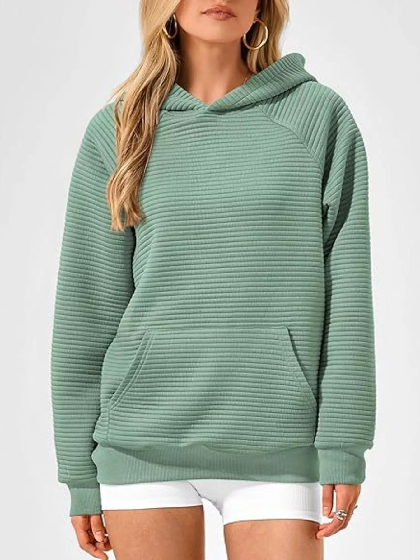Trendsi Texture Kangaroo Pocket Raglan Sleeve Hoodie -