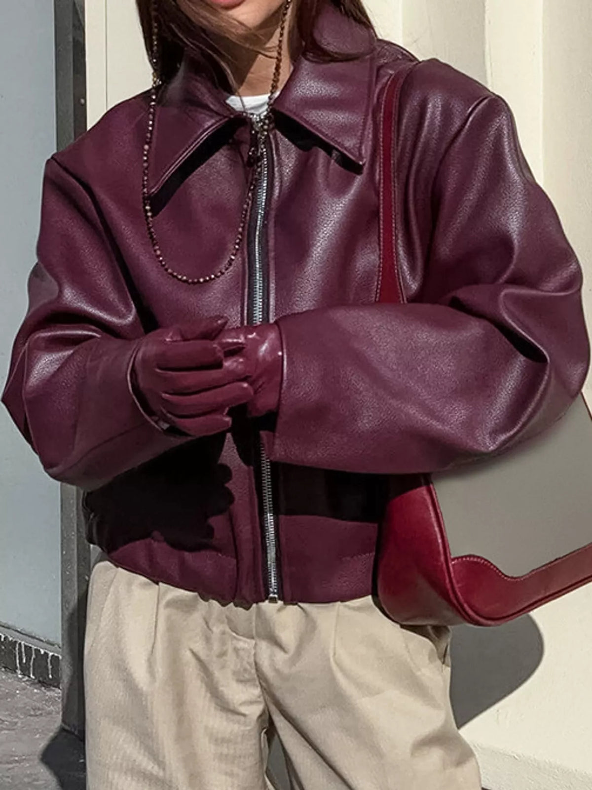 Vintage Faux Leather Zip-Up Jacket — front view