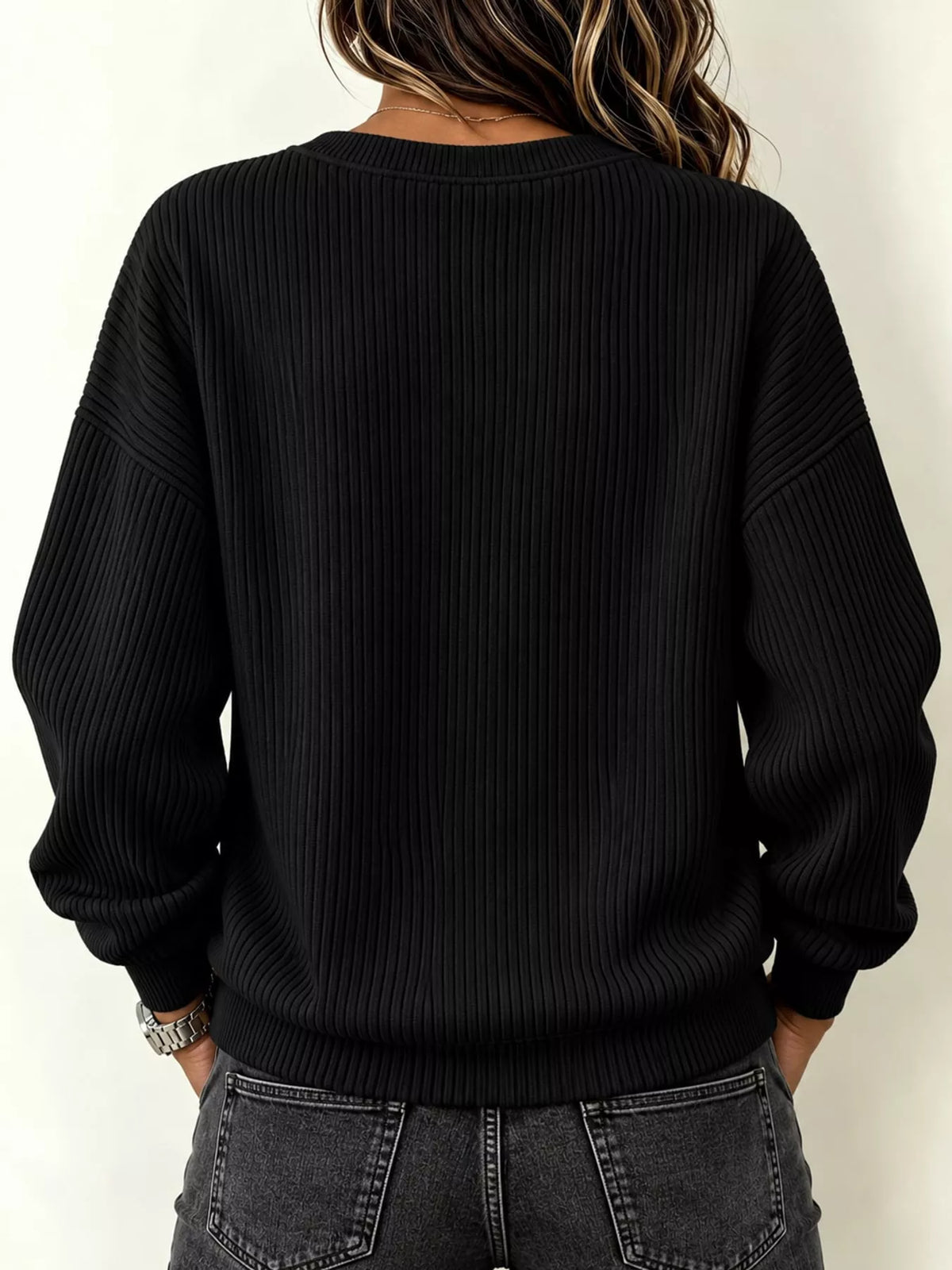 Women's Quarter-Zip Dropped Shoulder Sweatshirt in black — back view
