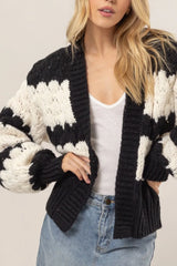 Trendsi HYFVE Scallop Striped Open Front Long Sleeve Sweater Cardigan -
