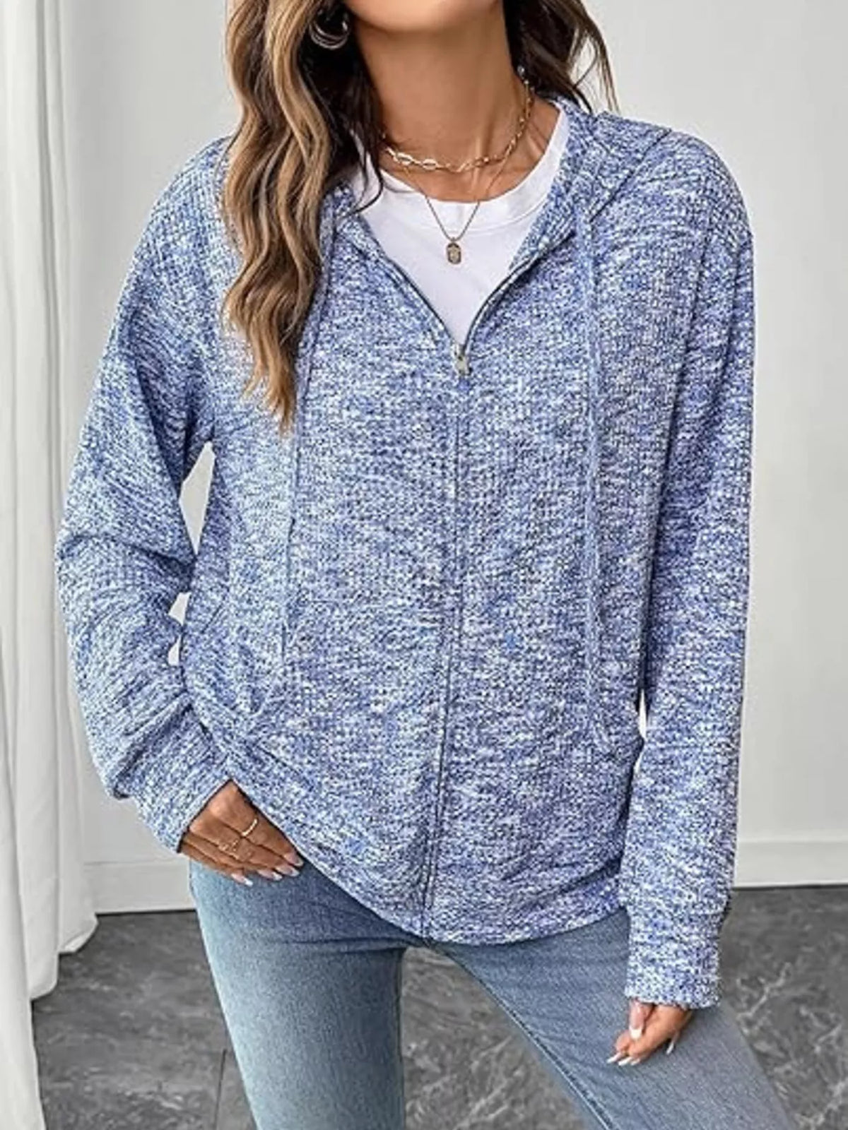 Blue zip-up drawstring hooded cardigan