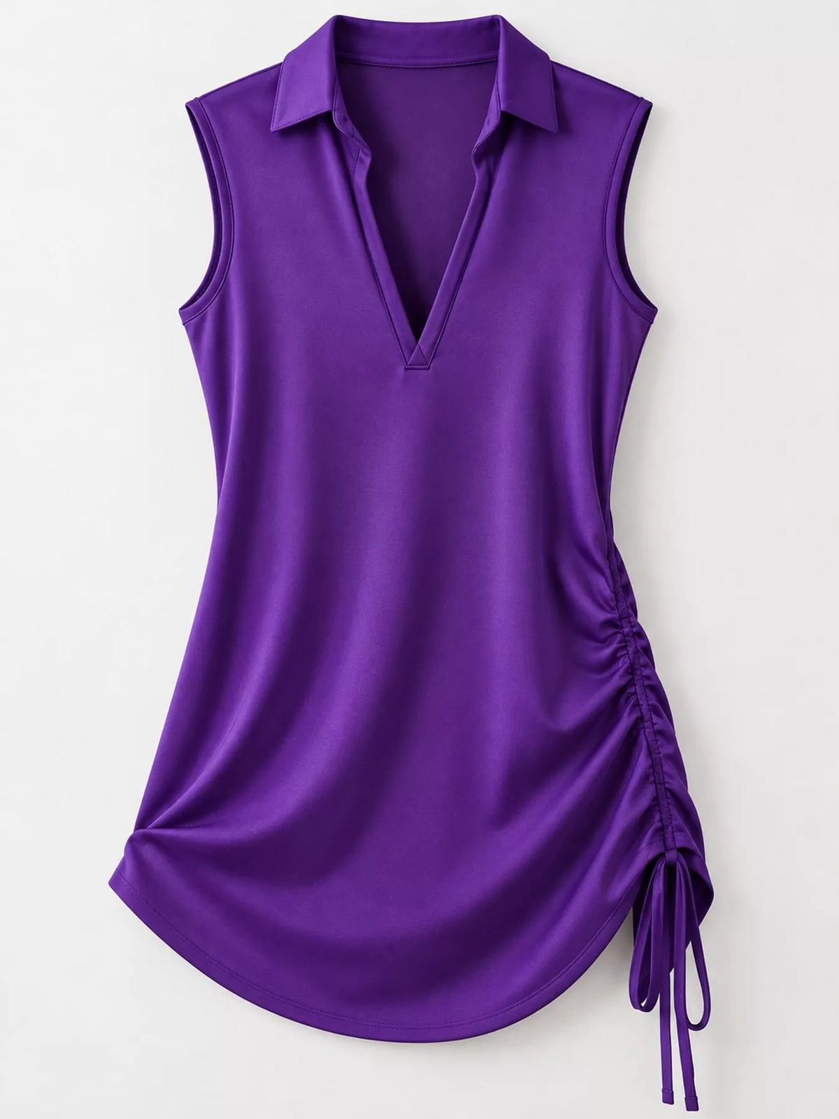 Women's Sleeveless V-Neck Ruched Side Mini Dress in purple — flat lay view