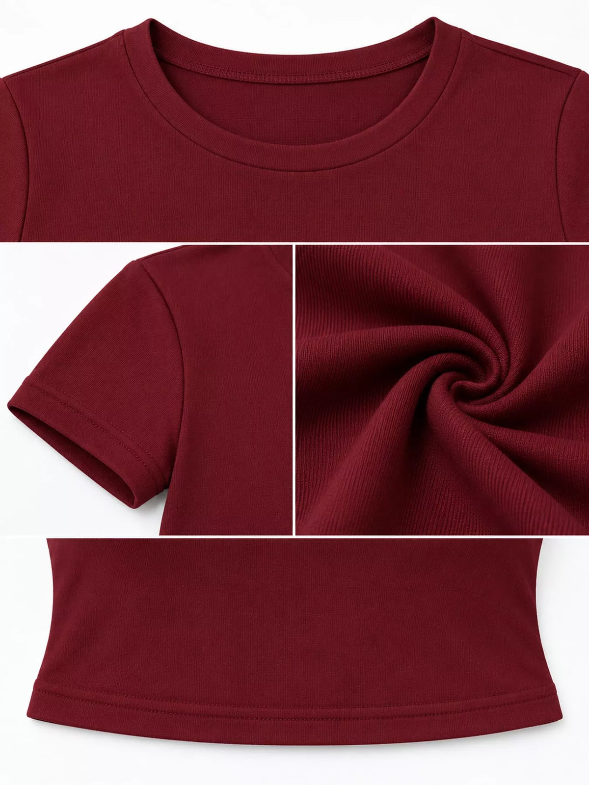 Burgundy crew neck crop T-shirt, fabric and neckline detail collage