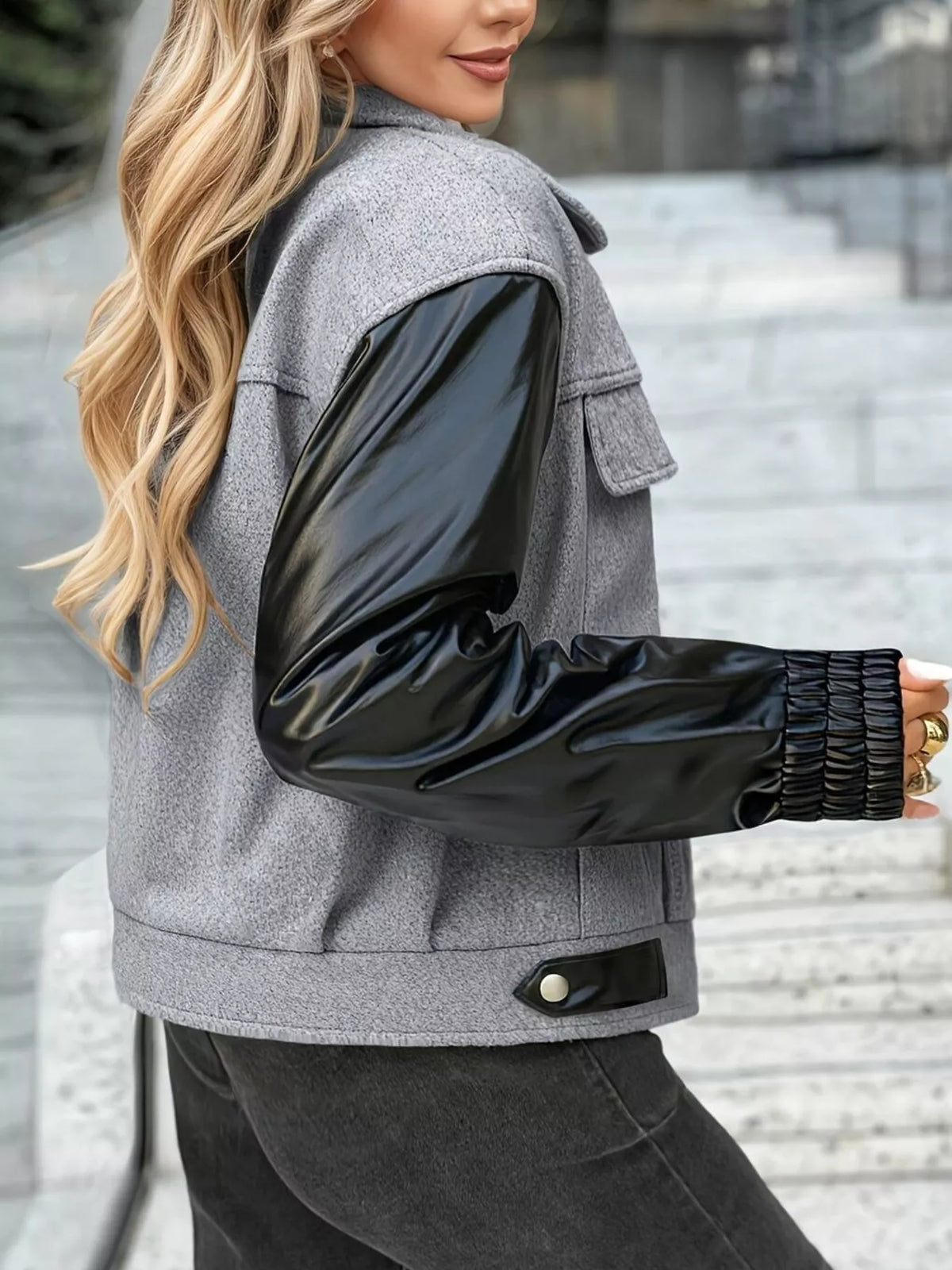 Light Gray Color-Block Zip-Up Jacket back three-quarter view