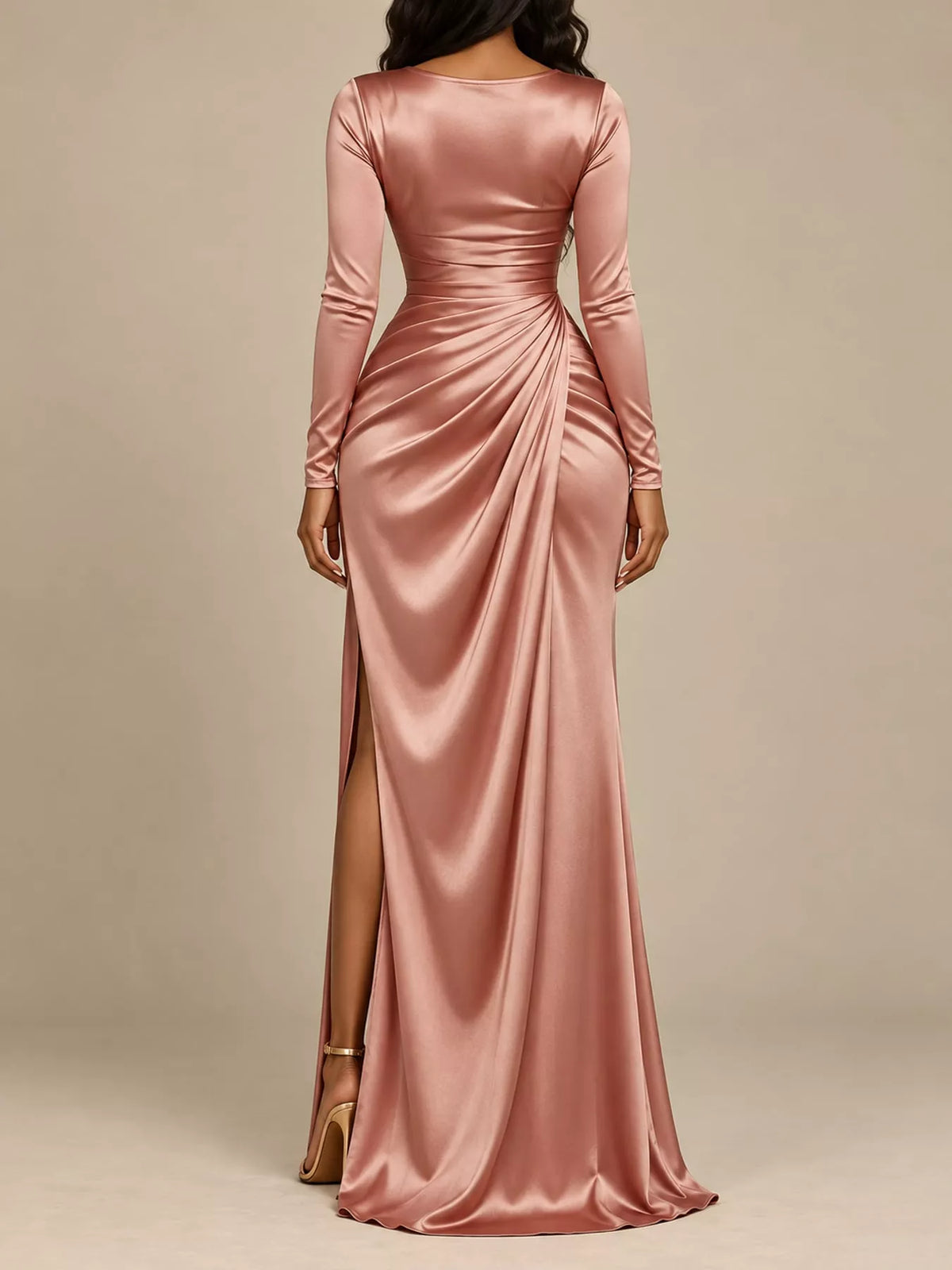 Pink satin cowl neck high-slit maxi dress, back view