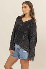 Trendsi HYFVE Cable Knit V-Neck Dropped Shoulder Oversized Sweater -