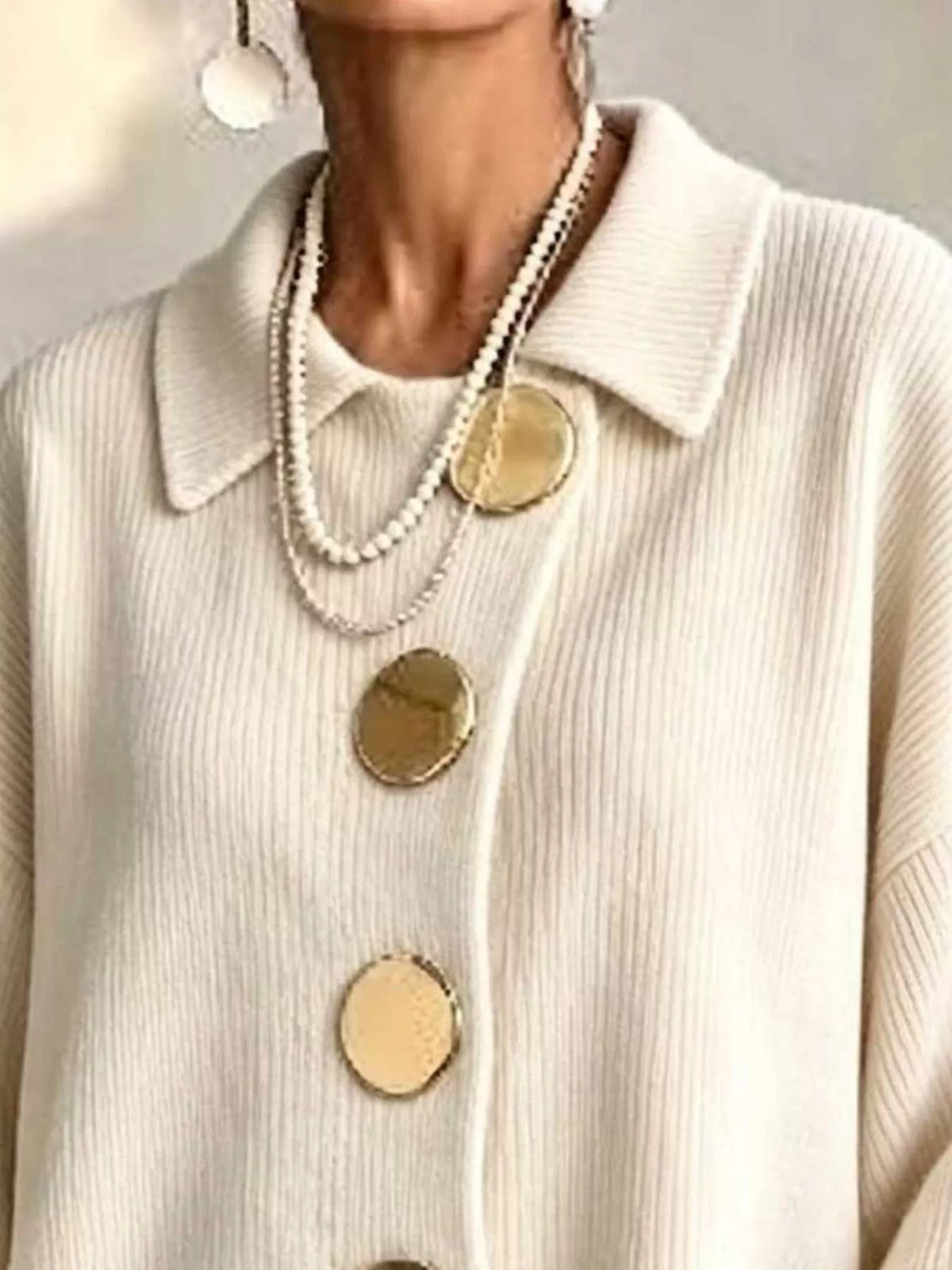 Women's Ribbed Knit Gold Buttons Cardigan in cream — collar detail view