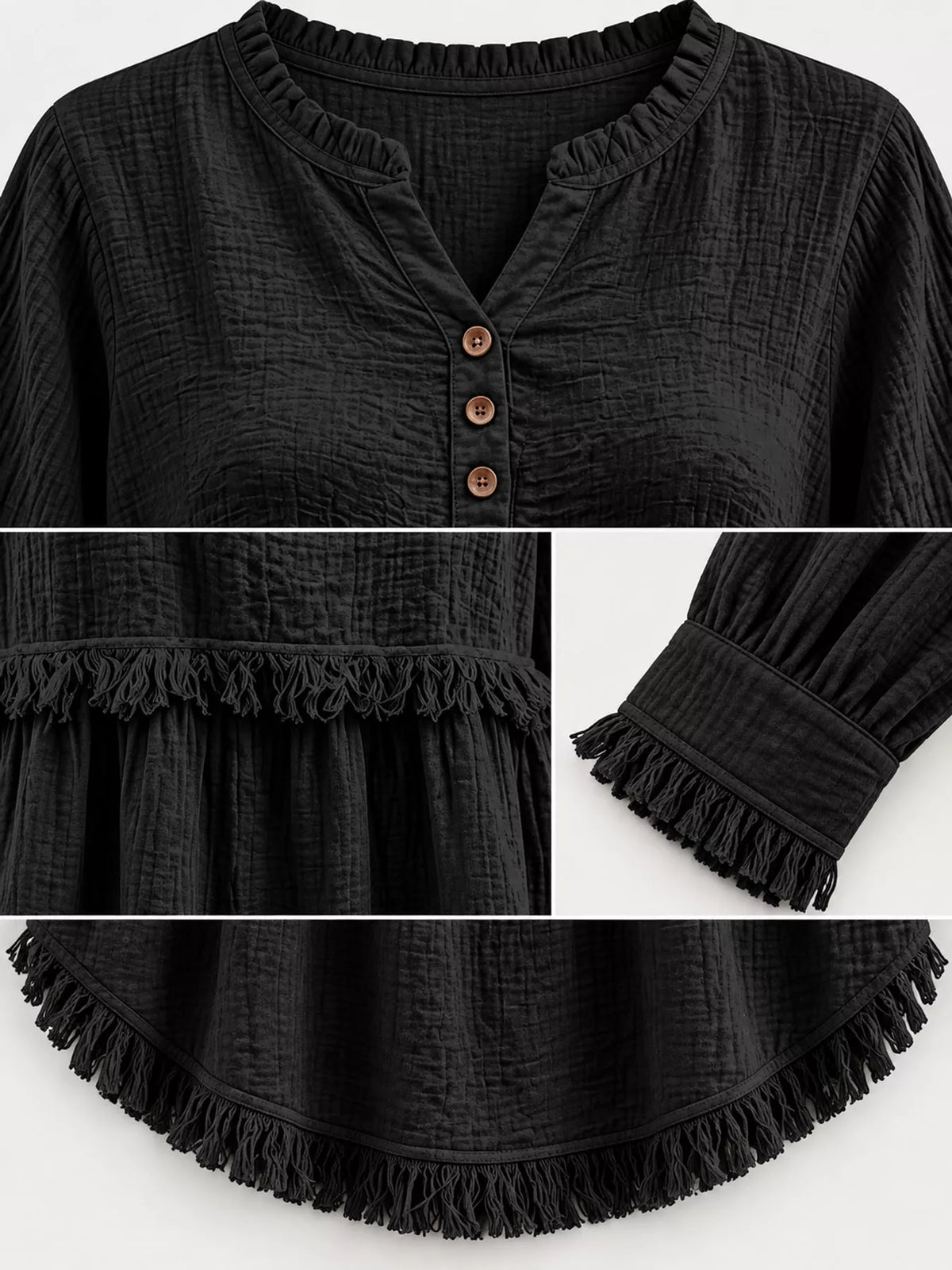 Frayed-hem blouse, black button and fringed trim details