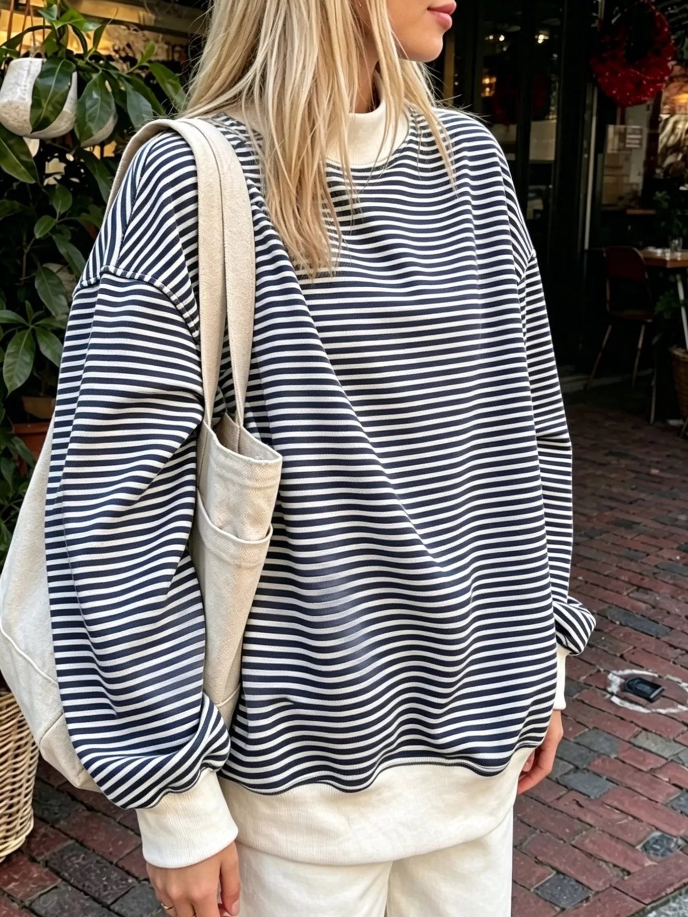 Trendsi Oversized Striped Crew Neck Sweatshirt -