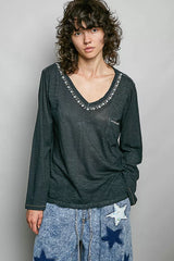 Trendsi POL Contrast Stitch V-Neck Lightweight Knit Long Sleeve Top -