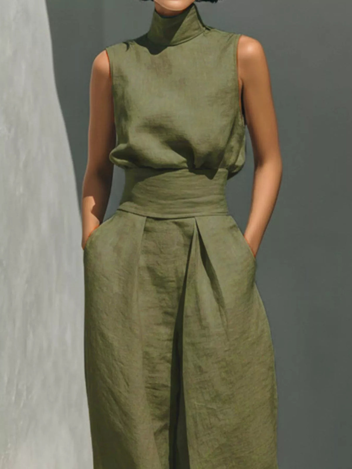 Turtleneck sleeveless top and wide-leg pants set