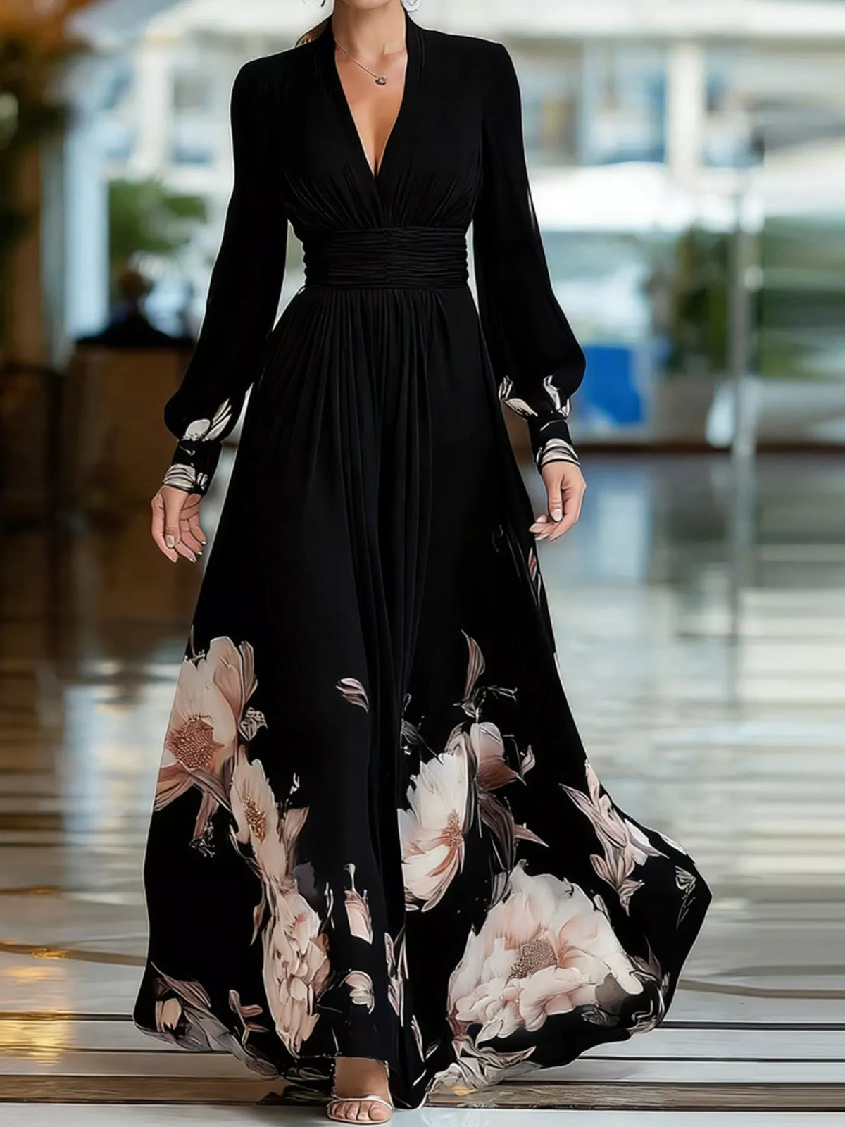 Black floral v neck maxi dress, front view