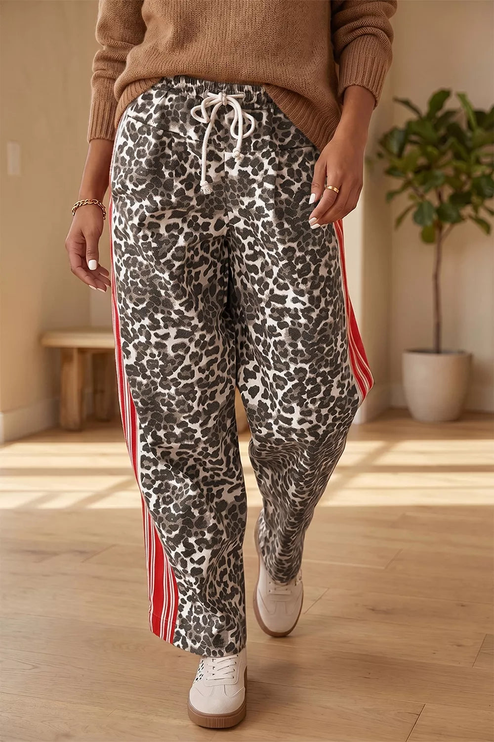 Trendsi Leopard Patchwork Elastic Waist Jeans -