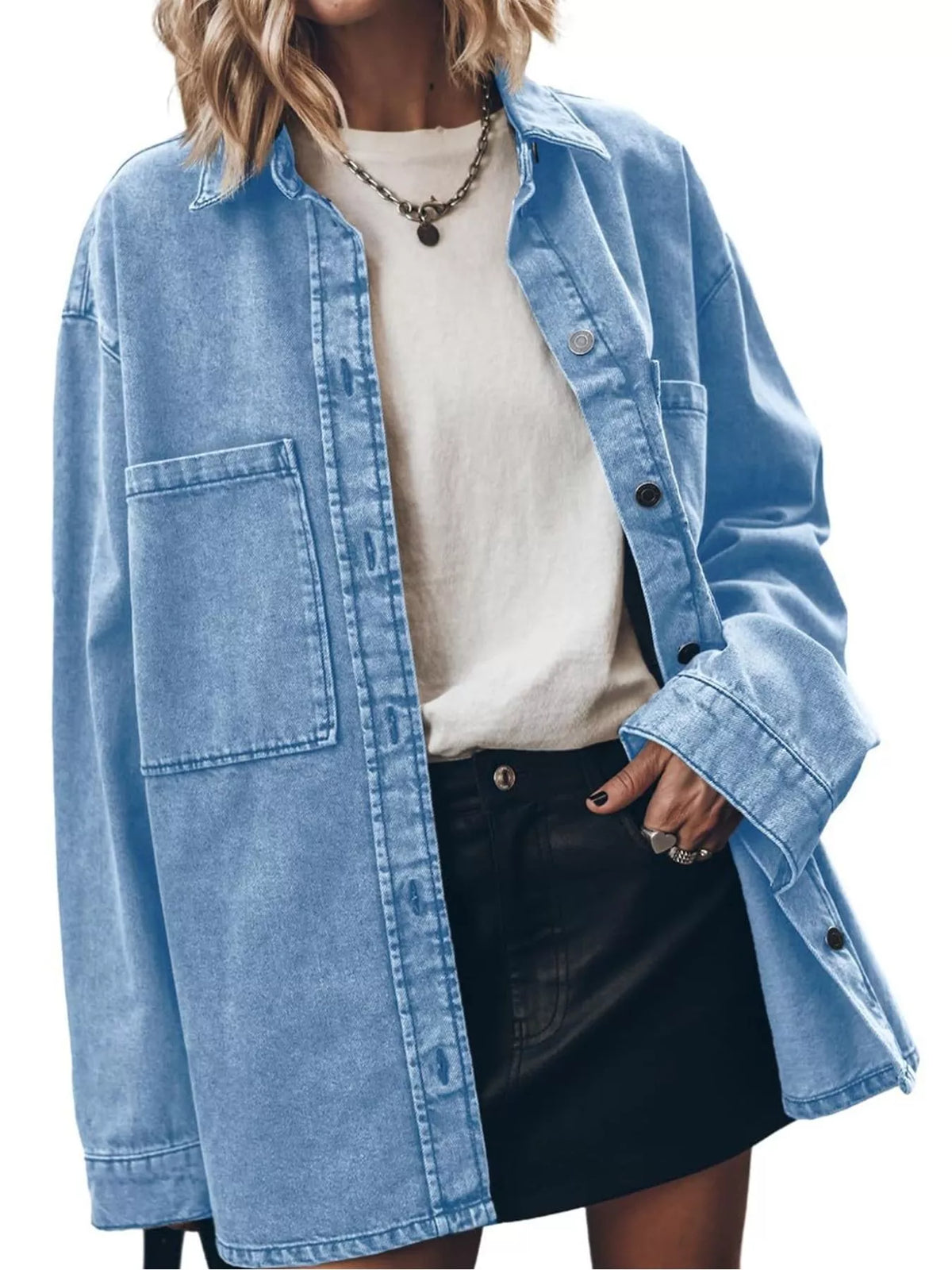 Button-Up Dropped Shoulder Denim Shacket — front view