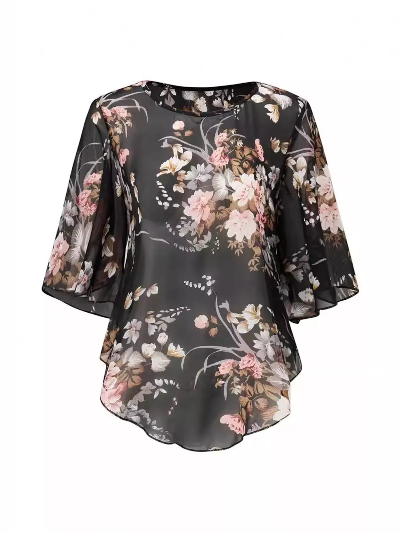 Trendsi Sheer Floral Print Blouse with Flutter Sleeves -