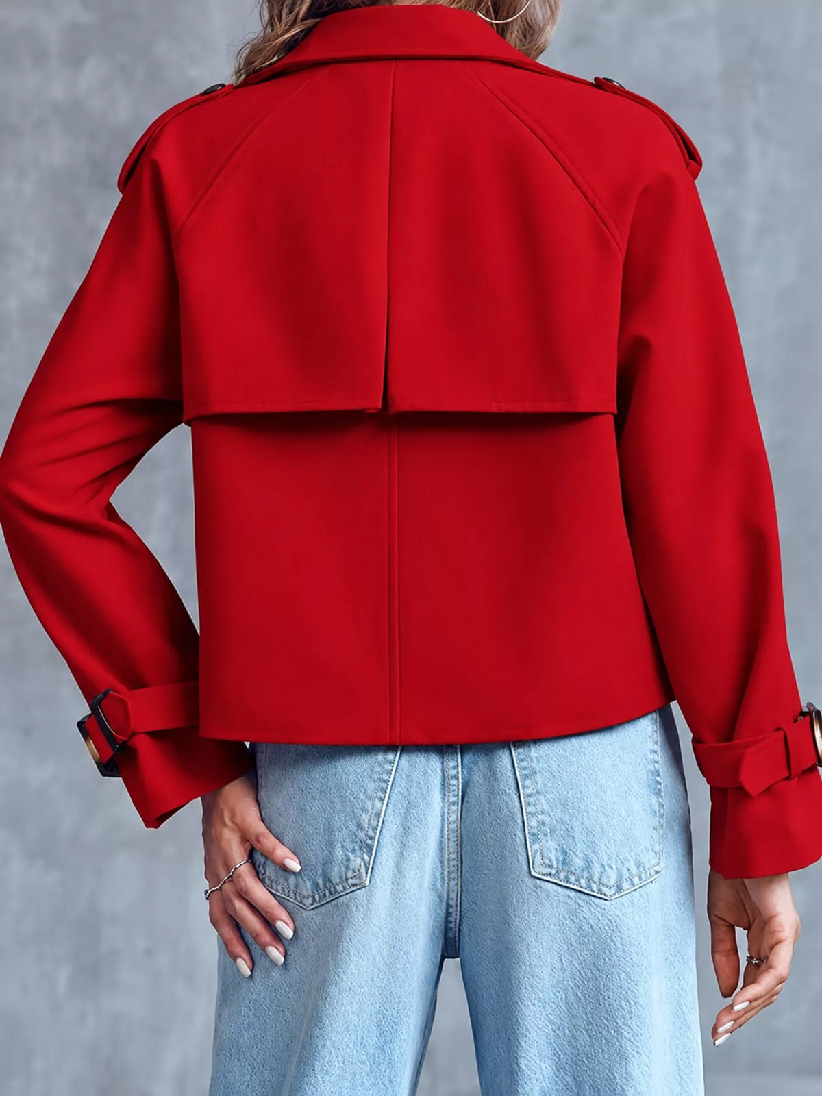 Women's Double-Breasted Cropped Trench Coat in red — back view