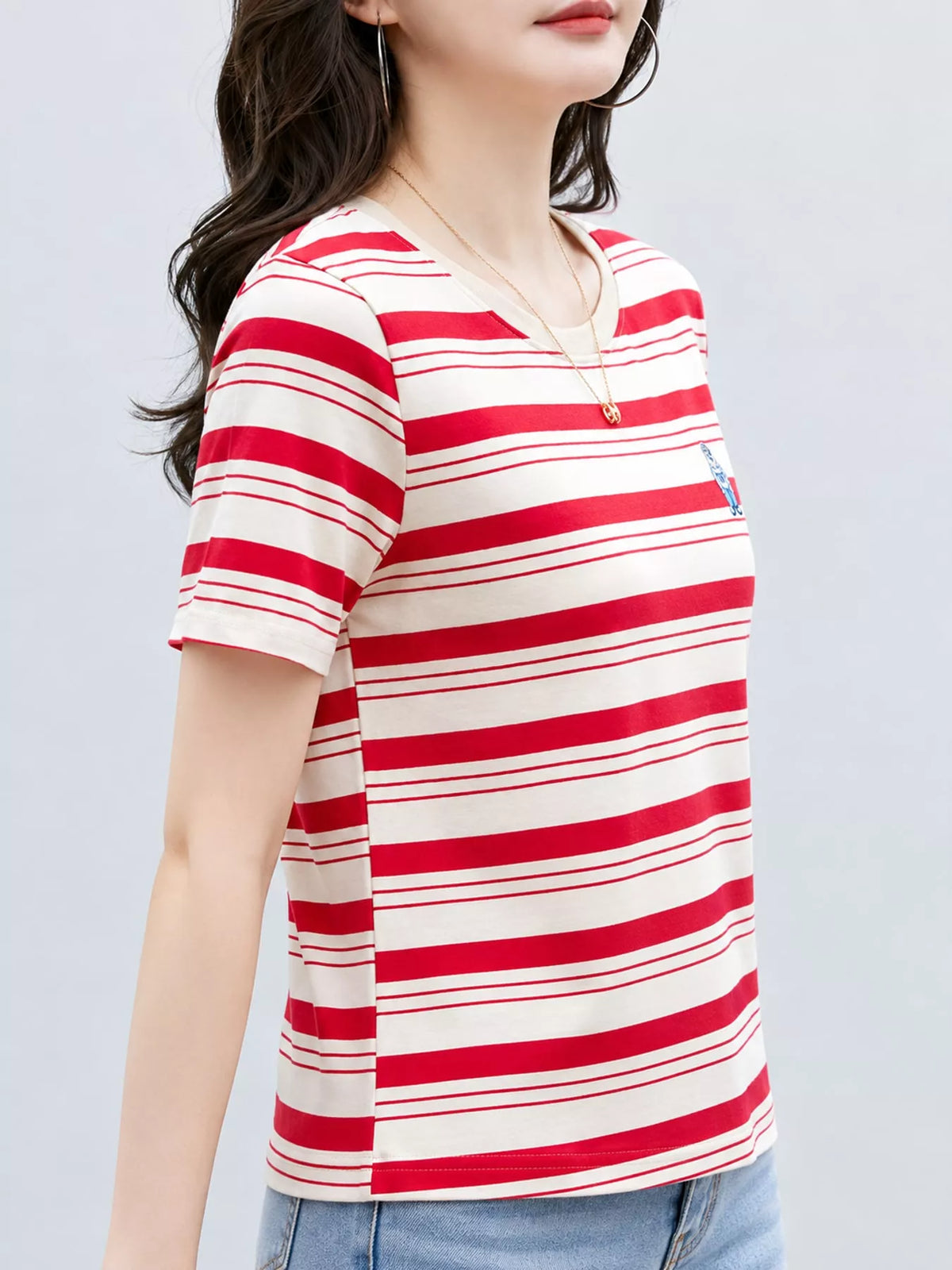 Red - Striped striped crew neck embroidered t-shirt