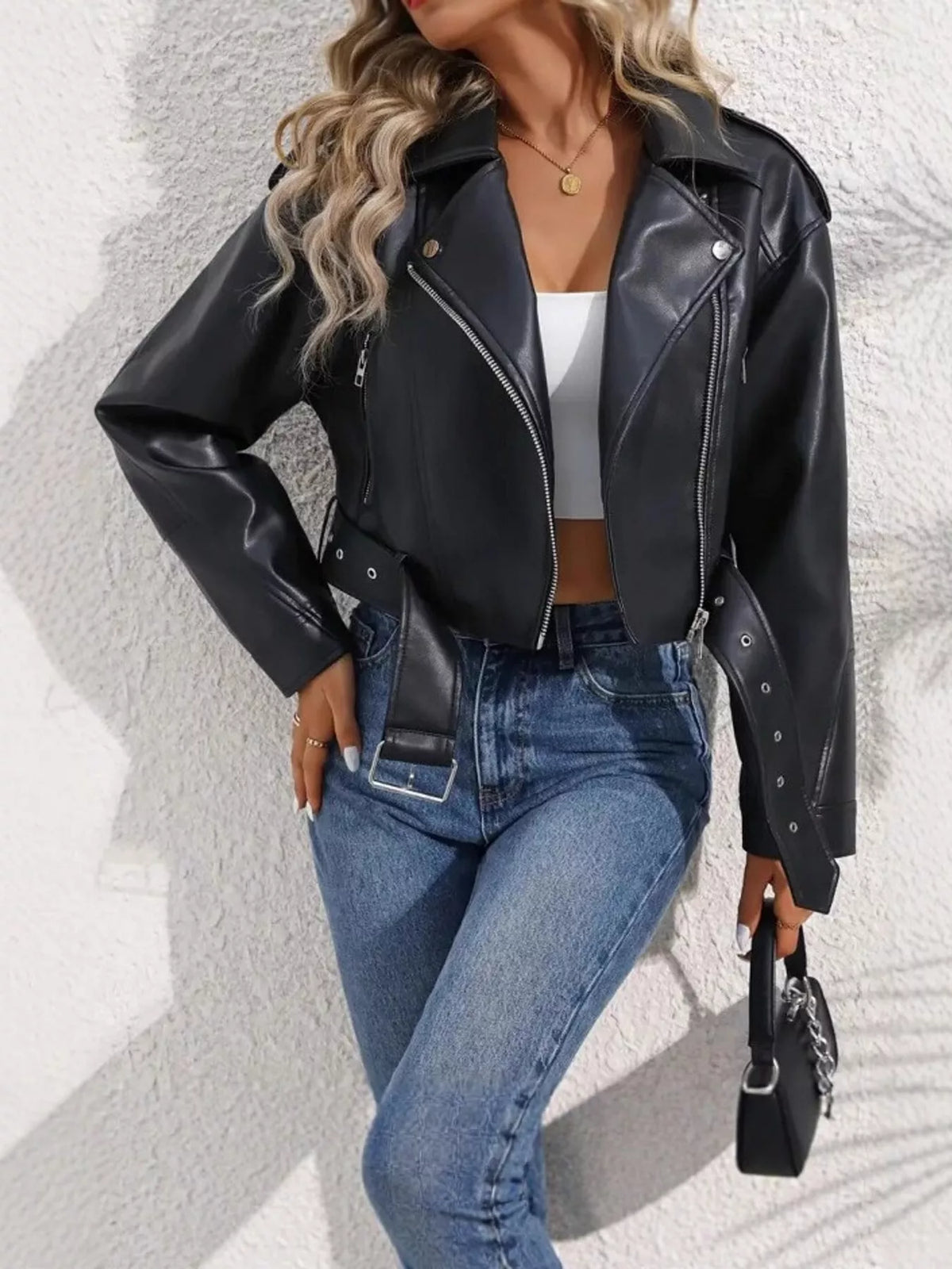 Faux Leather Zip Up Jacket in black, front view