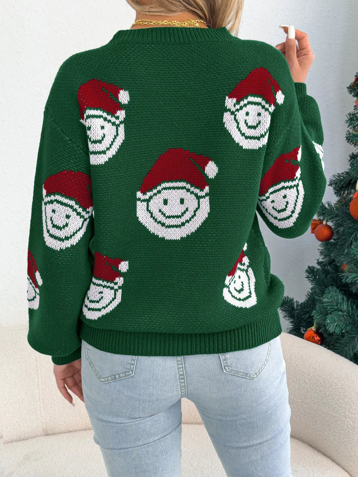 Christmas Santa Smiley Face Sweater in green, back view