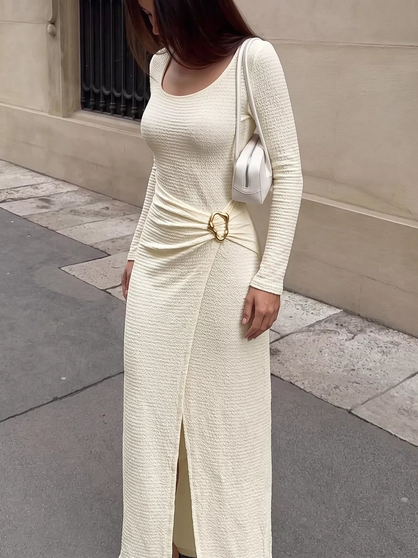 Trendsi Elegant Long Sleeve Ruched Midi Dress -