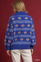 Trendsi Umgee Floral Patterned Jacquard Quarter-Zip Pullover Sweater -