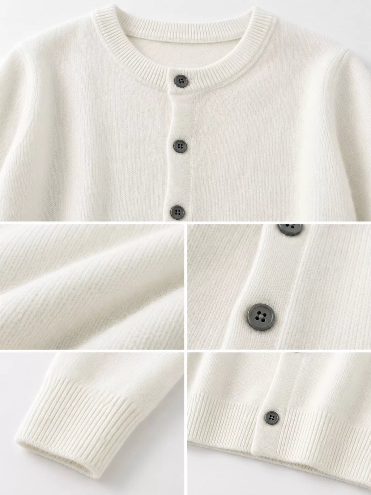 White crew neck button-front cardigan, knit details