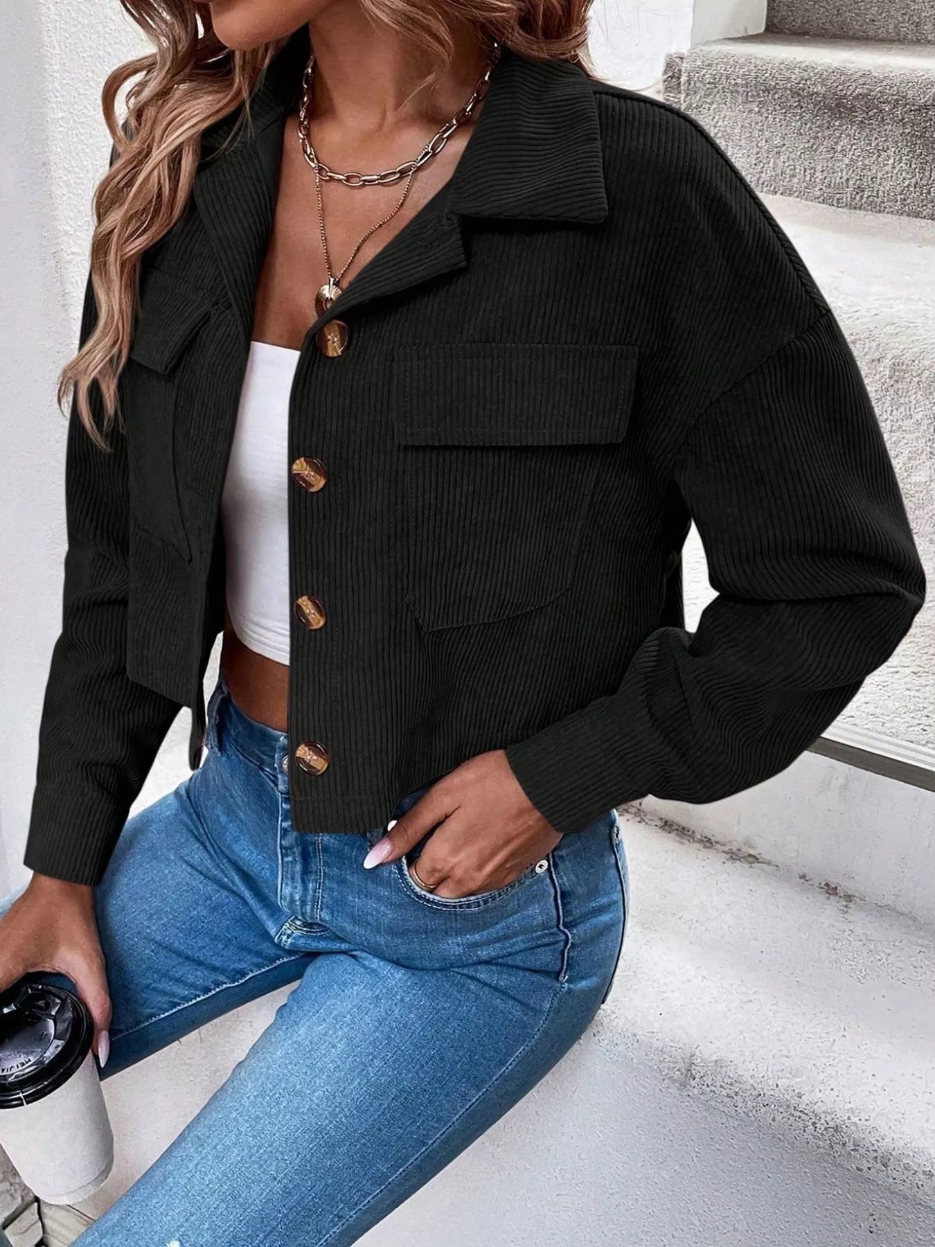 Trendsi Cropped Corduroy Button-Down Jacket -