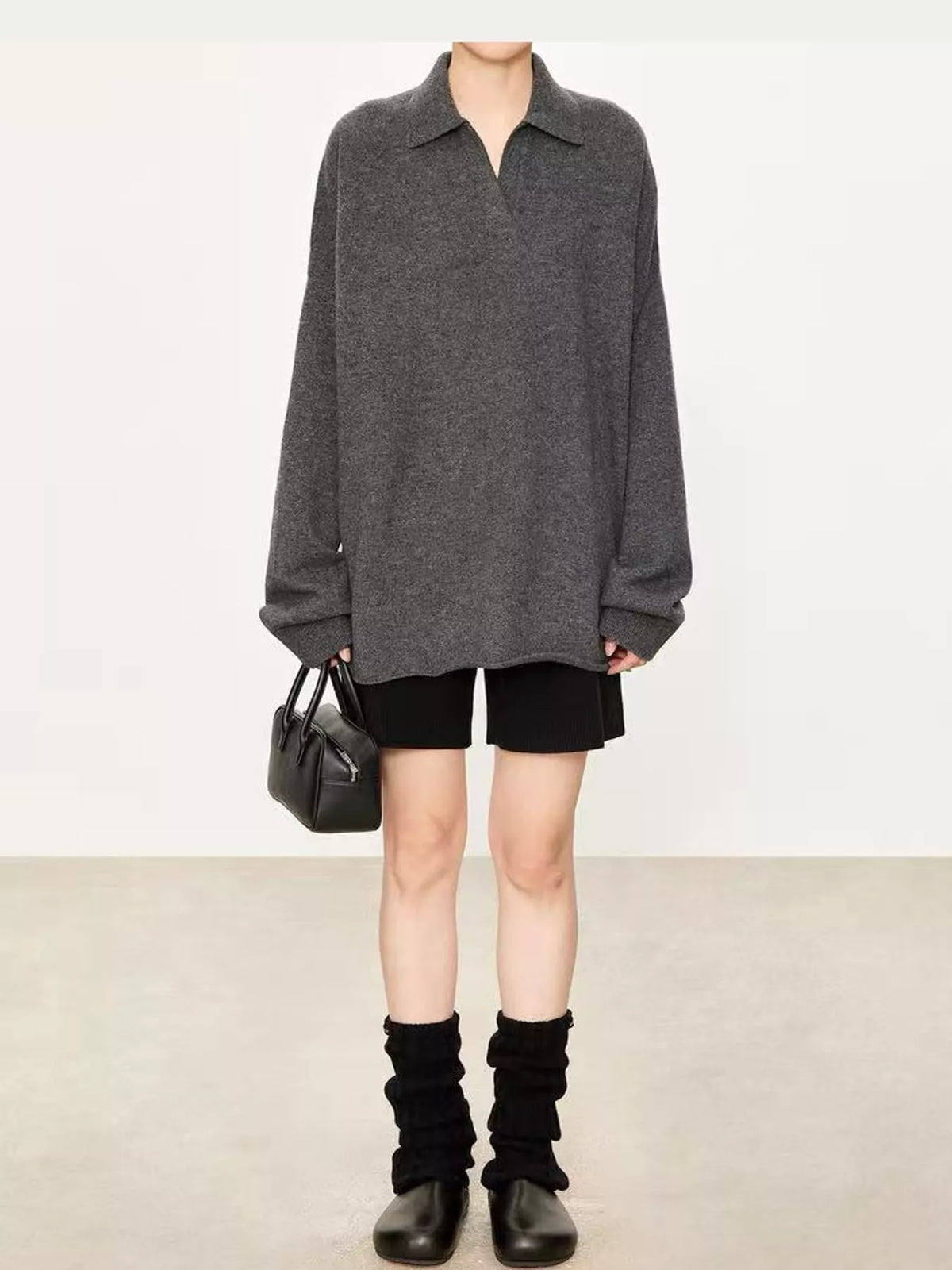 Dark Gray dropped shoulder polo collar sweater