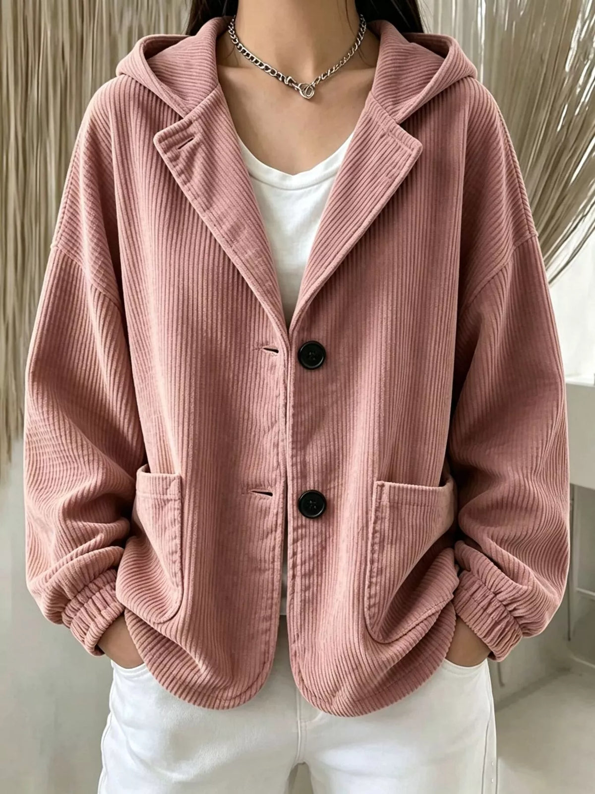 Women's Corduroy Button Up Hooded Jacket in pink — front view