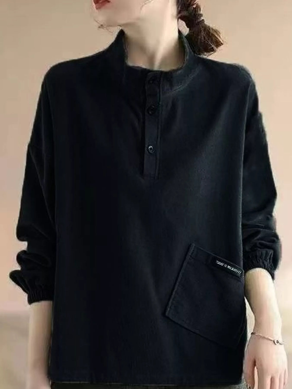 Black-New Arrival-Spring And Fall button detail dropped shoulder sweatshirt