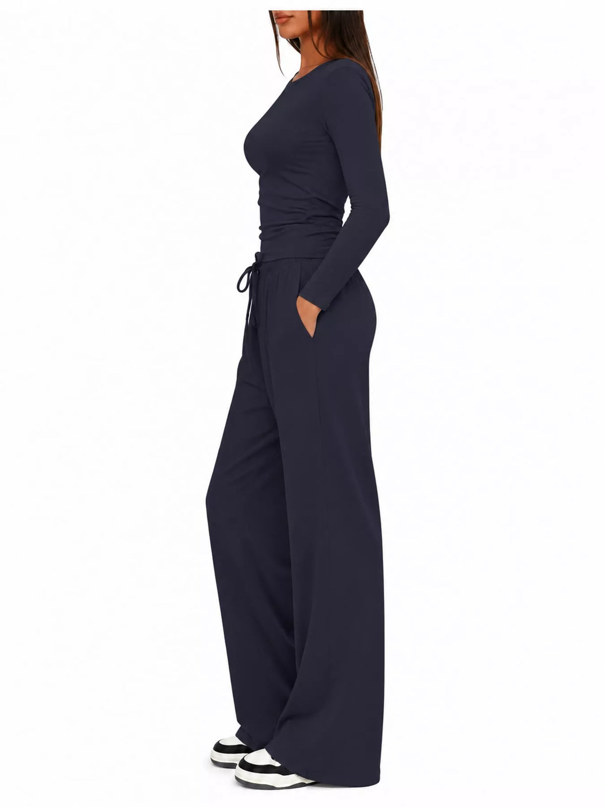 Long Sleeve Ruched Top and Wide-Leg Drawstring Pants Set — side view